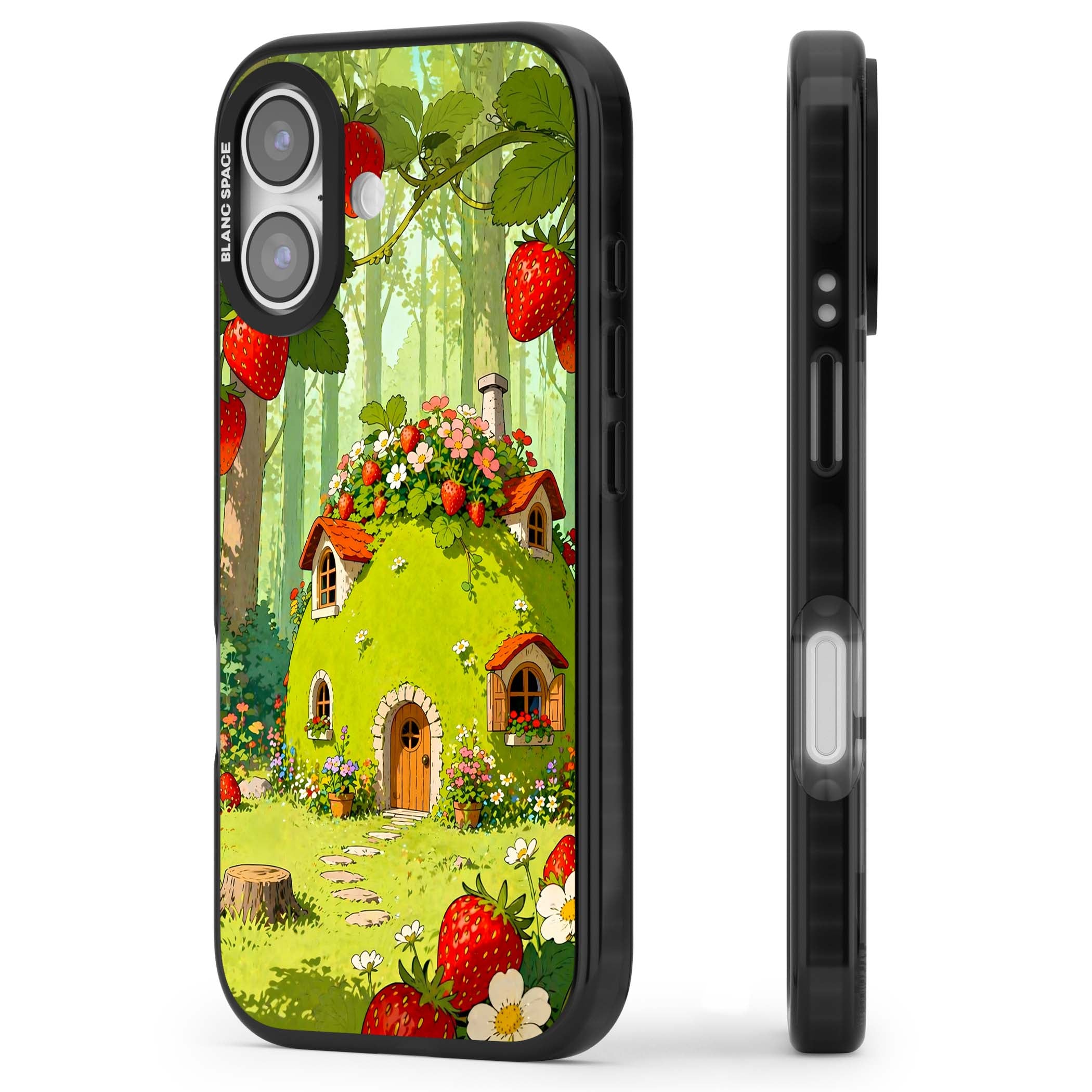 Strawberry Cottage cottagecore iPhone case featuring a green fairy house, wild strawberries and enchanted forest flowers | Black Impact Magsafe case for iPhone 17