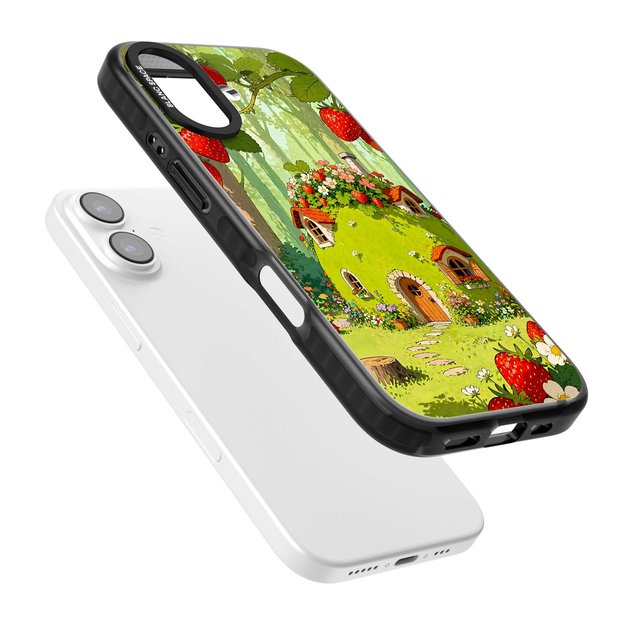Strawberry Cottage cottagecore iPhone case featuring a green fairy house, wild strawberries and enchanted forest flowers | Black Impact Magsafe case for iPhone 17