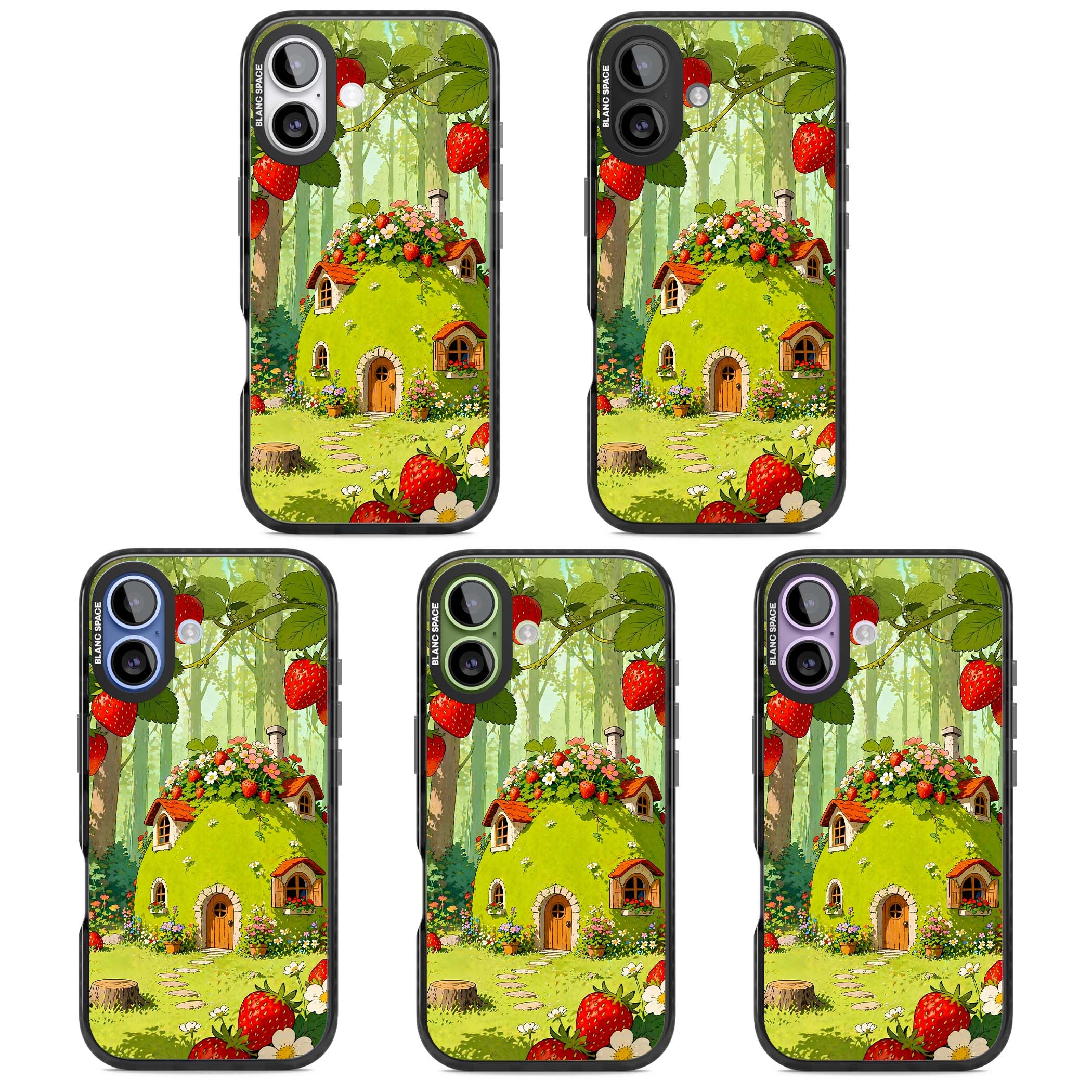 Strawberry Cottage cottagecore iPhone case featuring a green fairy house, wild strawberries and enchanted forest flowers | Black Impact Magsafe case for iPhone 17