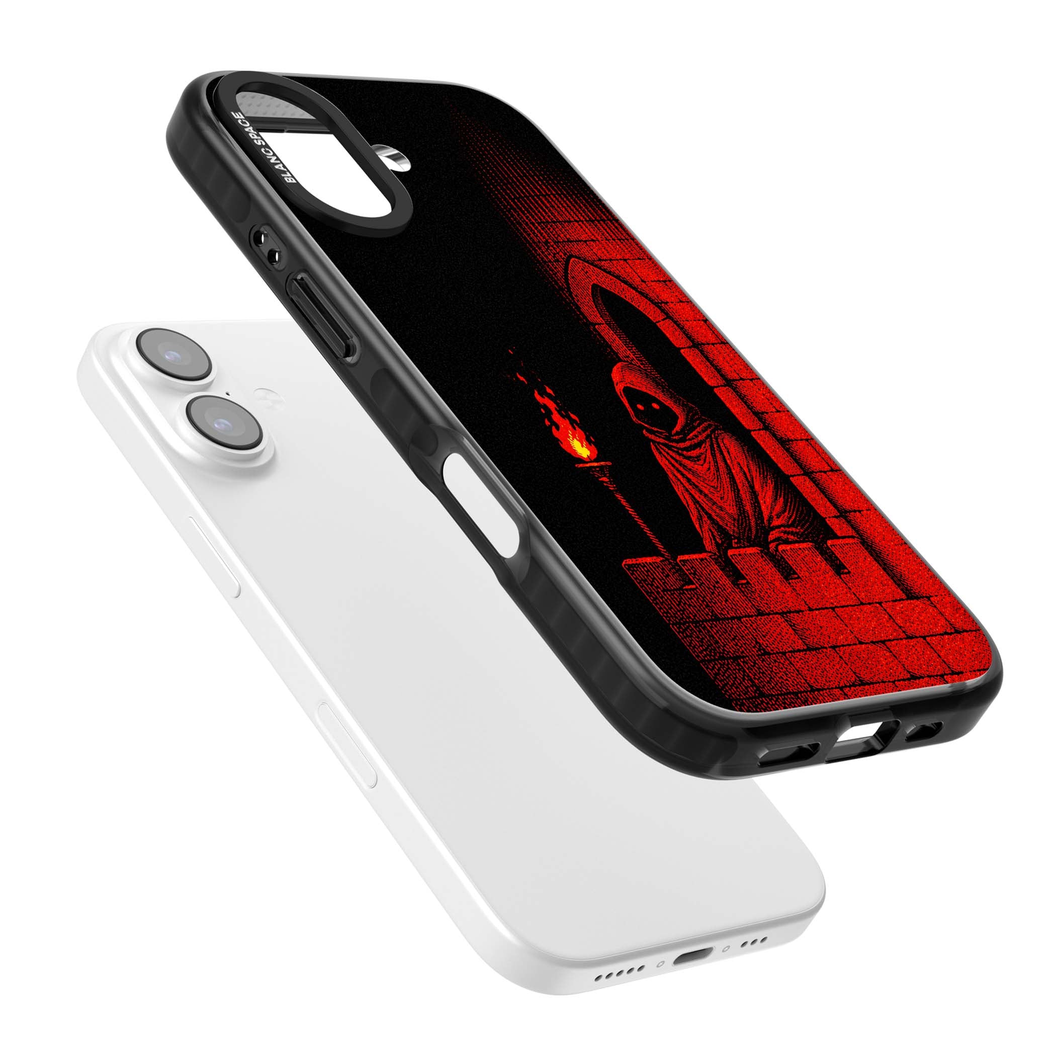 Crimson Crypt gothic iPhone case featuring a hooded reaper, torchlit crypt archway and red halftone horror art | Black Impact Magsafe case for iPhone 17