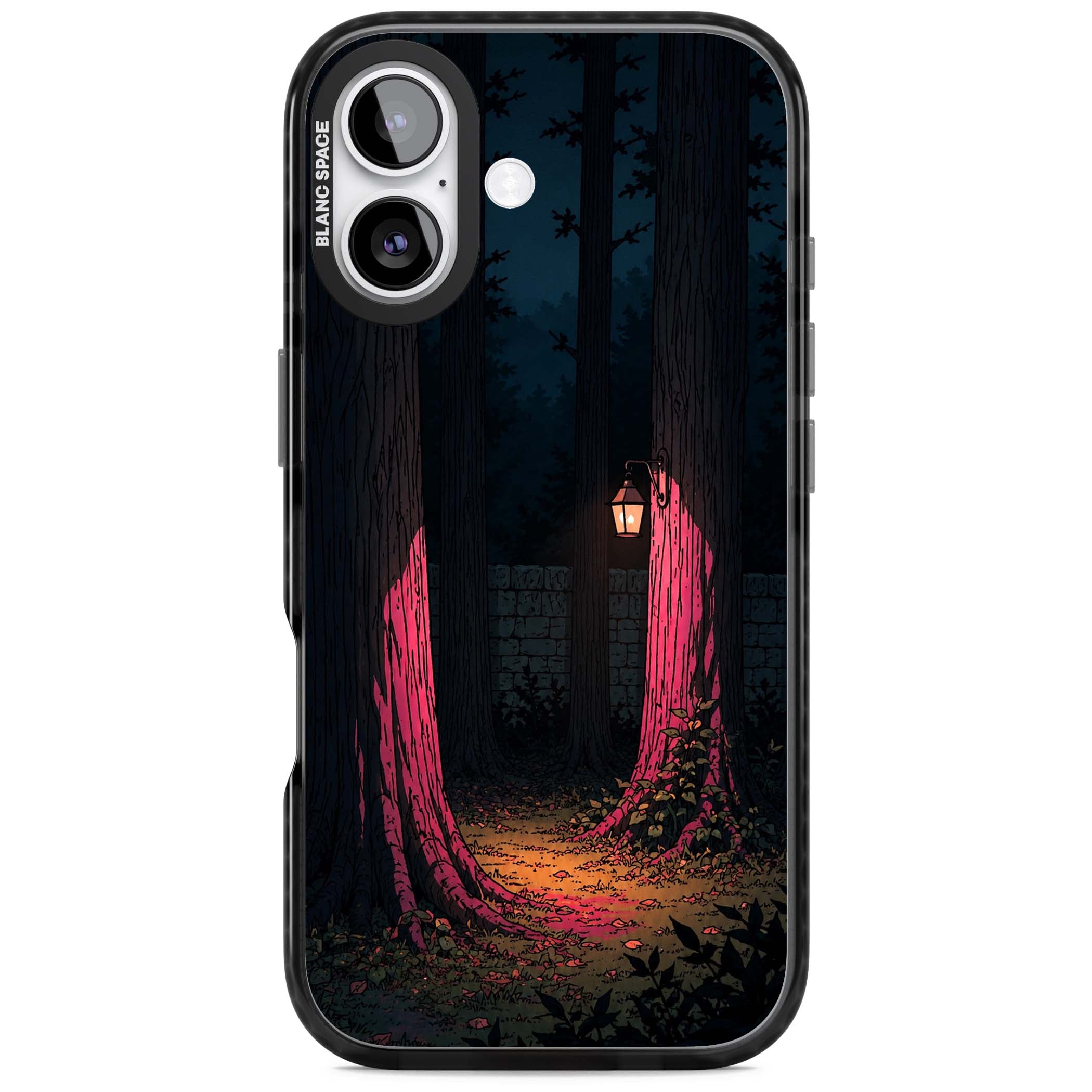 Forest Lantern dark academia iPhone case featuring a moonlit forest, glowing lantern, and stone wall pathway | Black Impact Magsafe case for iPhone 17