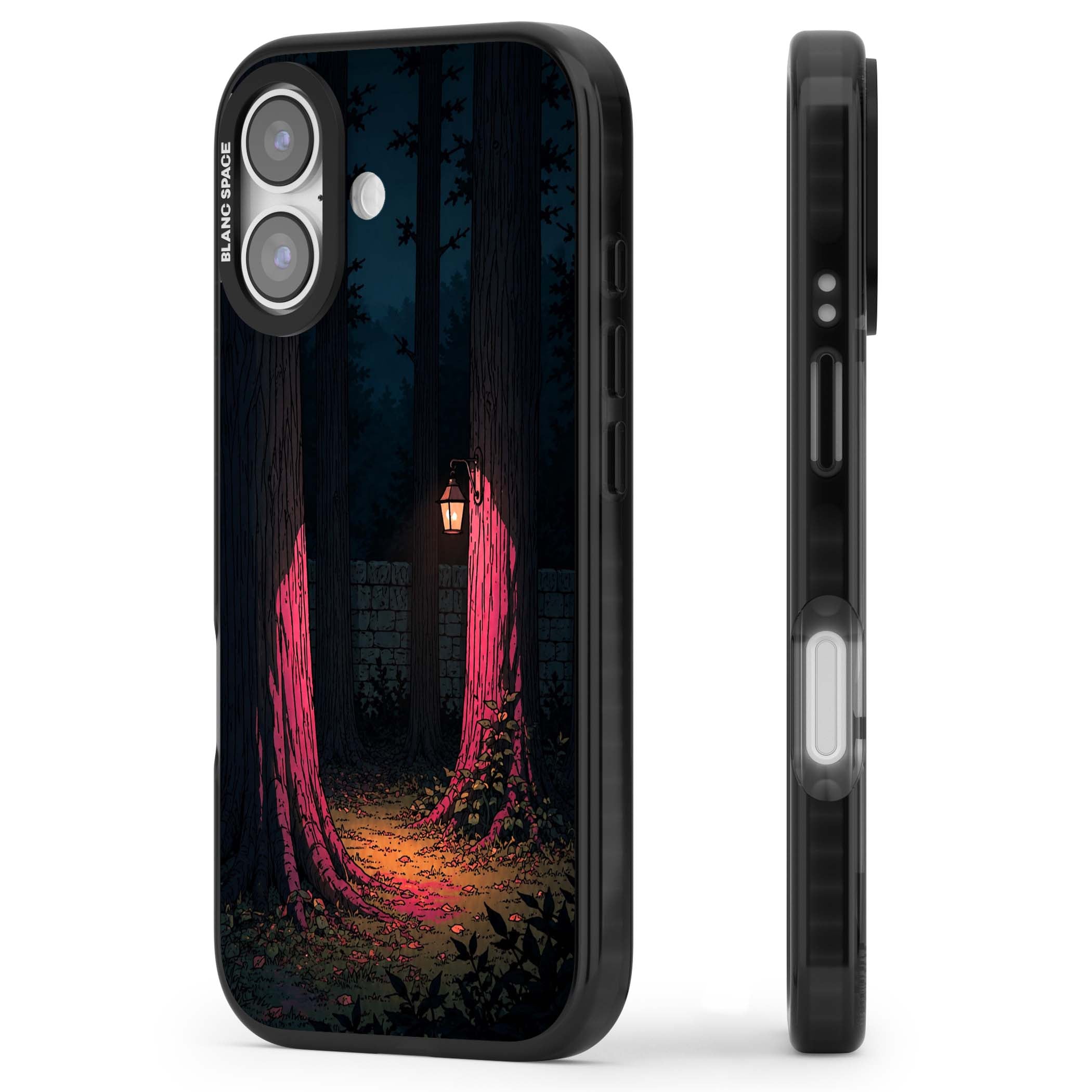Forest Lantern dark academia iPhone case featuring a moonlit forest, glowing lantern, and stone wall pathway | Black Impact Magsafe case for iPhone 17