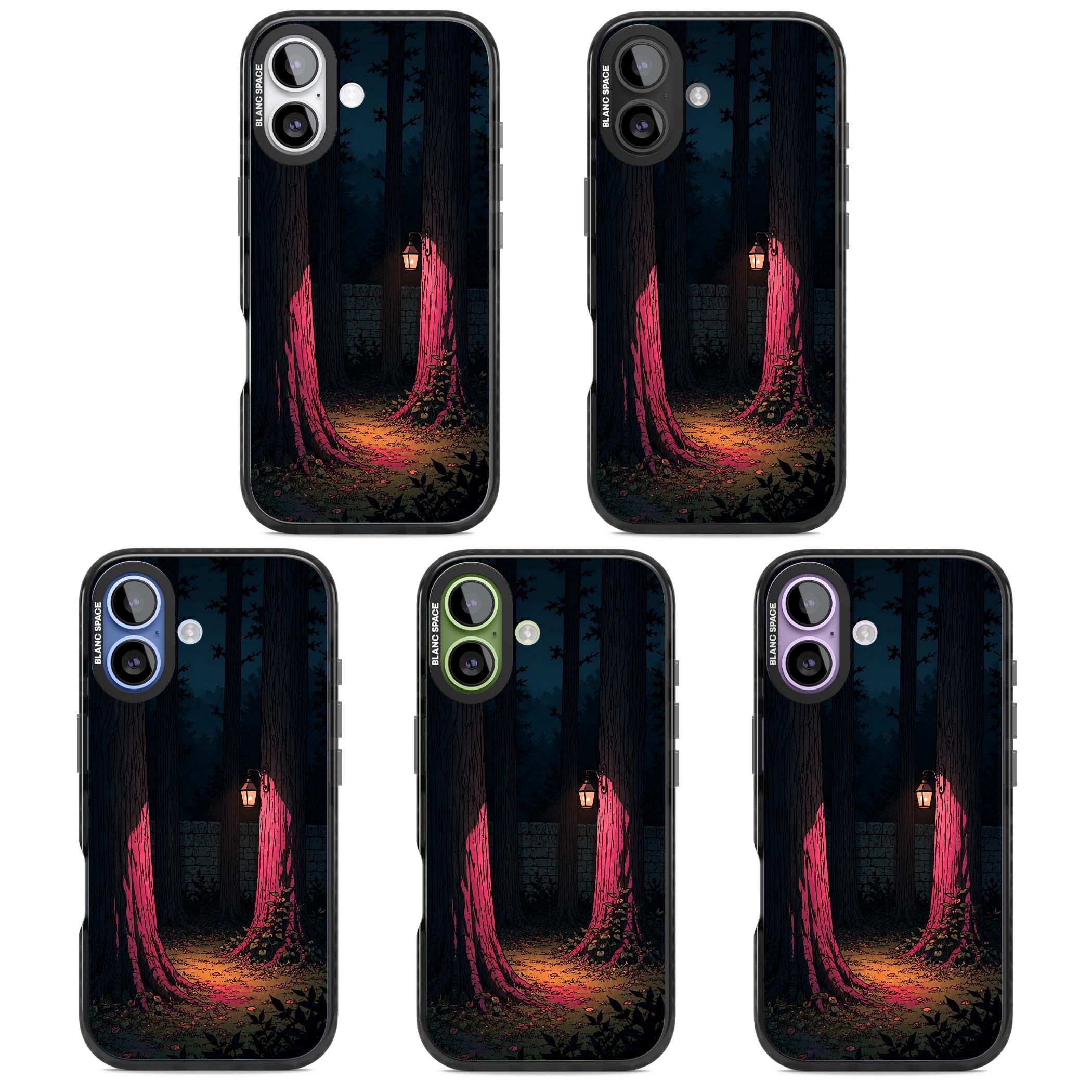 Forest Lantern dark academia iPhone case featuring a moonlit forest, glowing lantern, and stone wall pathway | Black Impact Magsafe case for iPhone 17