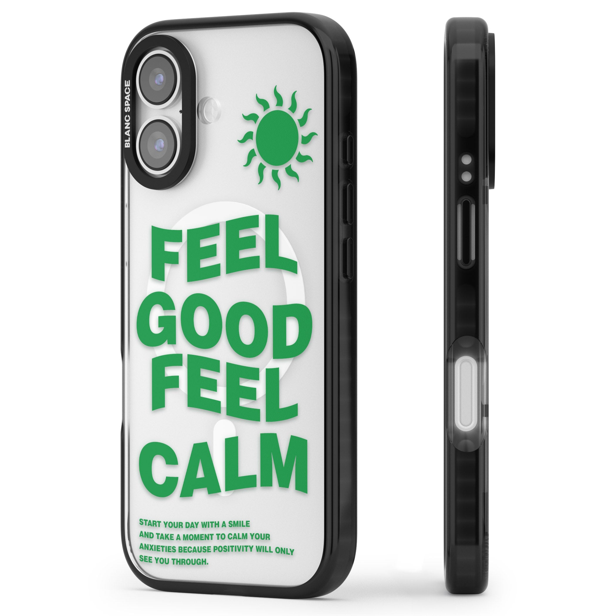 Feel Good Feel Calm (Green) iPhone 17 Impact Pro Black Phone Case Side Profile