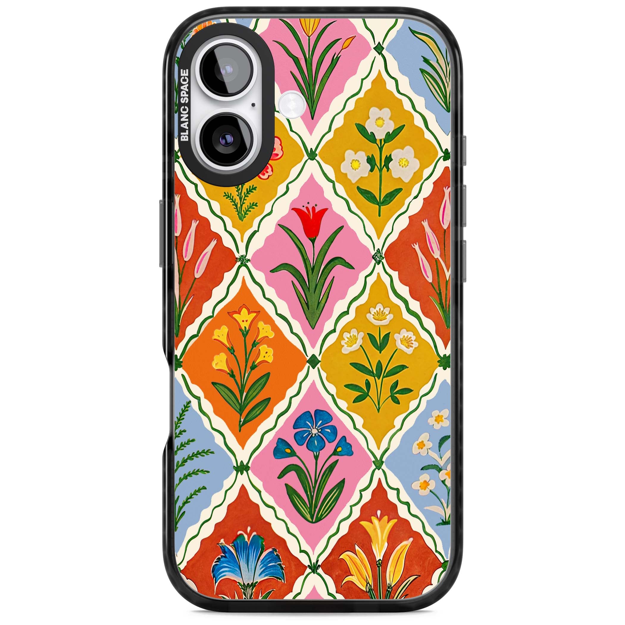 Floral Quilt boho floral iPhone case featuring diamond lattice pattern, hand-painted tulips and folk art wildflowers | Black Impact Magsafe case for iPhone 17