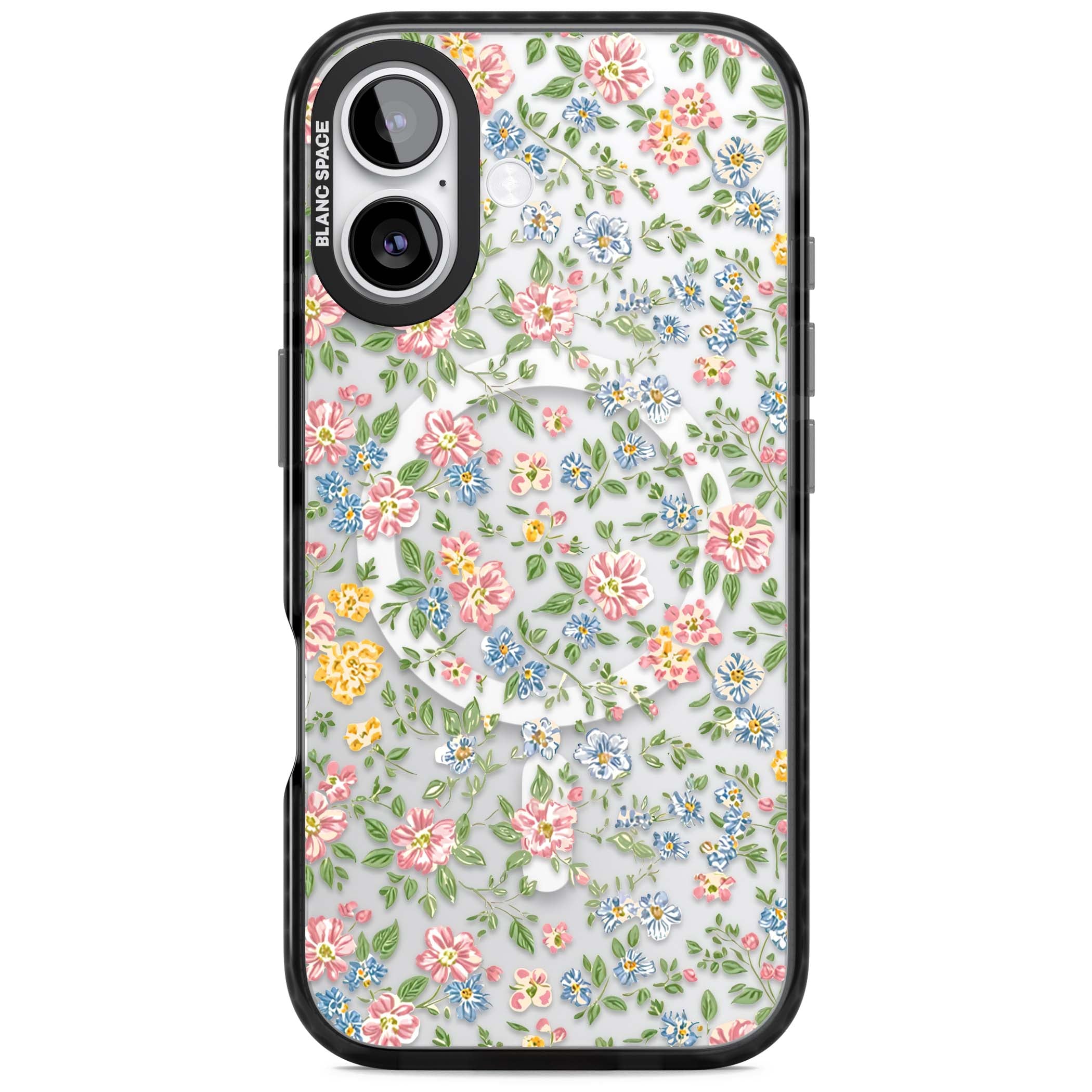 Soft Meadow cottagecore iPhone case featuring pink cosmos, blue forget-me-nots, yellow buttercups and green leaves sca | Black Impact Magsafe case for iPhone 17
