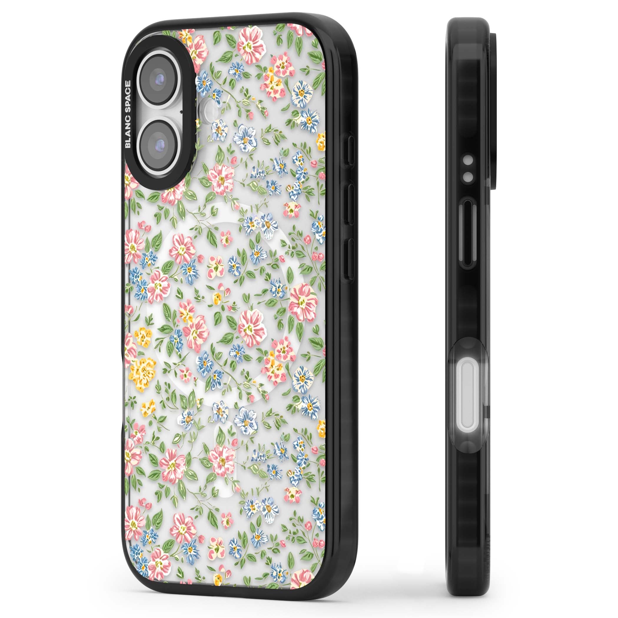 Soft Meadow cottagecore iPhone case featuring pink cosmos, blue forget-me-nots, yellow buttercups and green leaves sca | Black Impact Magsafe case for iPhone 17