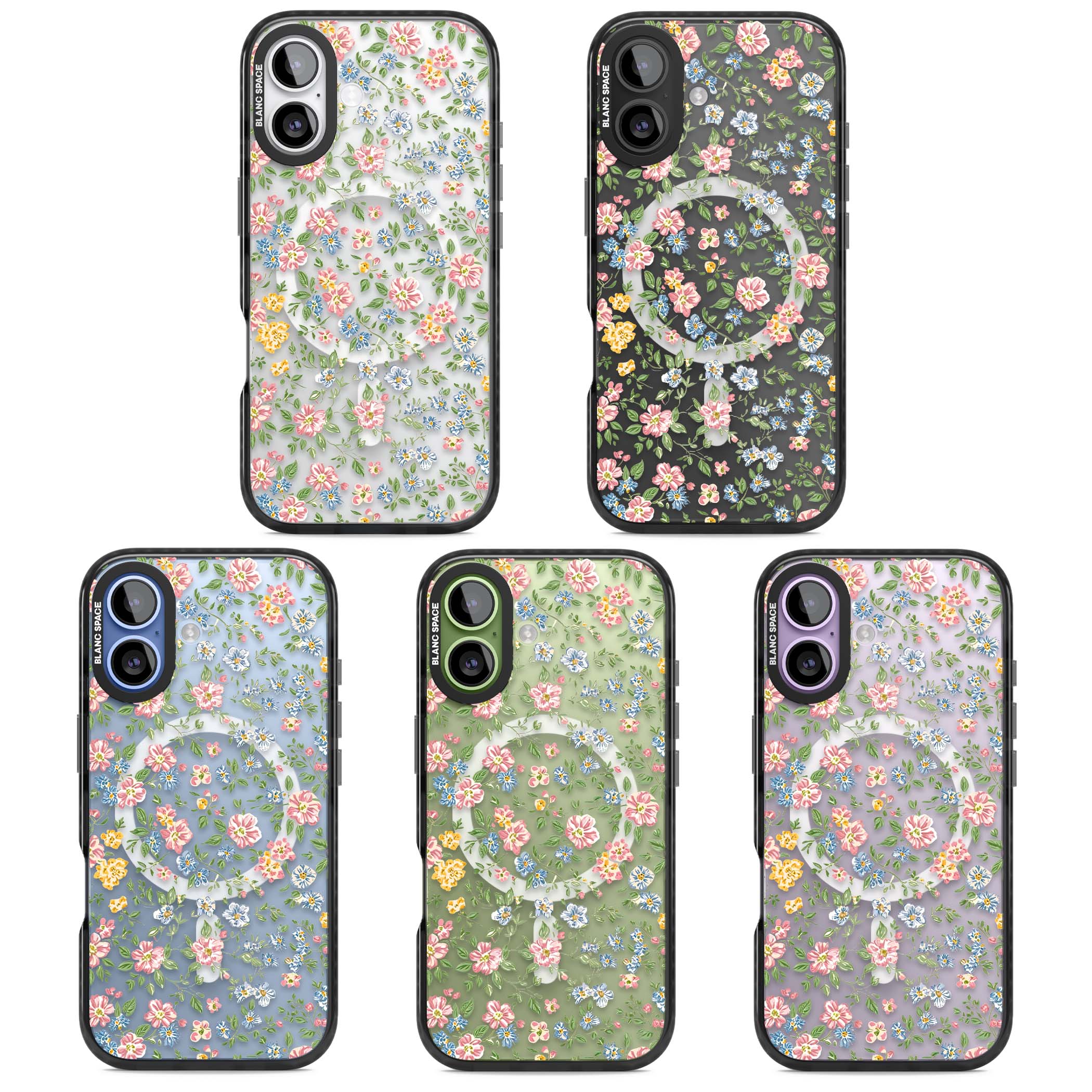Soft Meadow cottagecore iPhone case featuring pink cosmos, blue forget-me-nots, yellow buttercups and green leaves sca | Black Impact Magsafe case for iPhone 17