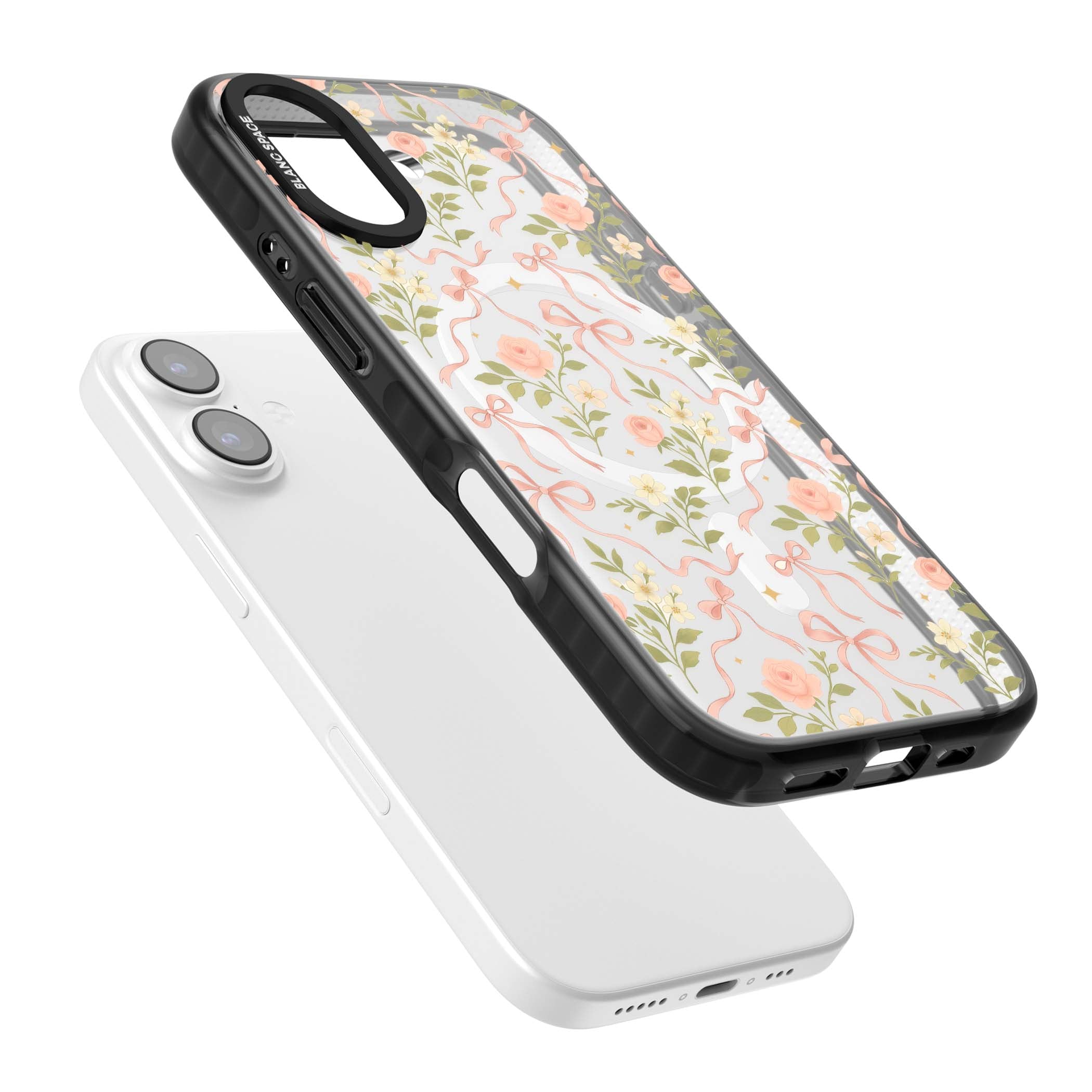 Ribbon Garden coquette iPhone case featuring pink bows, peach roses and wildflowers on white background | Black Impact Magsafe case for iPhone 17