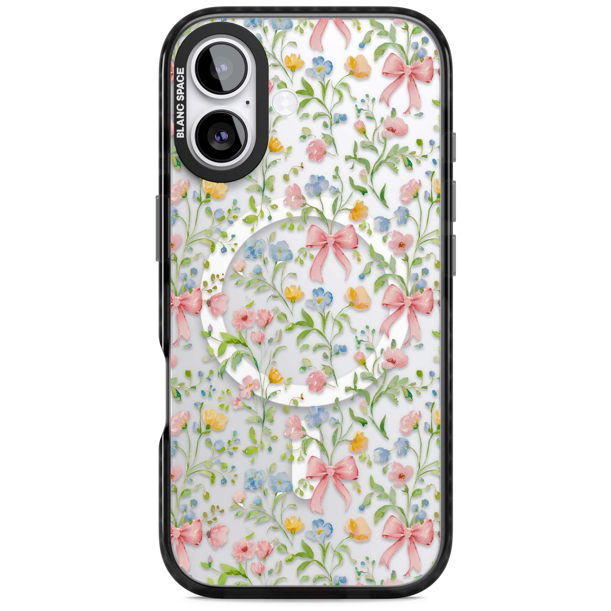 Ribbons & Wildflowers cottagecore iPhone case featuring watercolor wildflowers, pink satin bows, and delicate spring blooms o | Black Impact Magsafe case for iPhone 17
