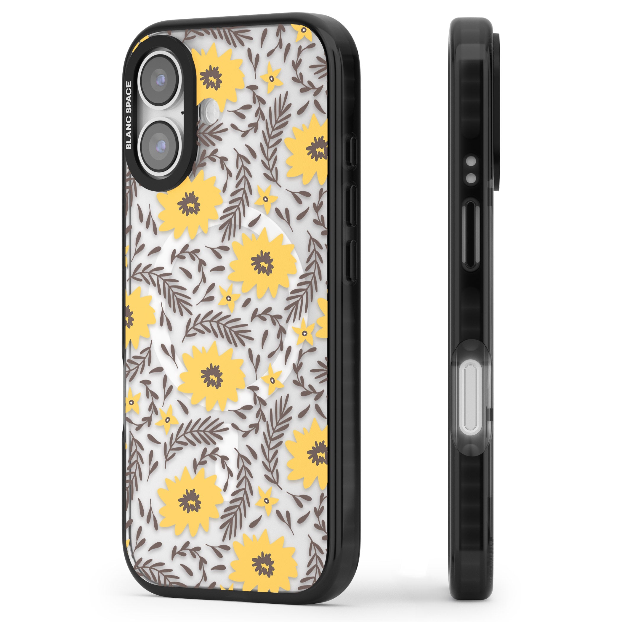 Yellow Blossoms Floral iPhone 17 Impact Pro Black Phone Case Side Profile