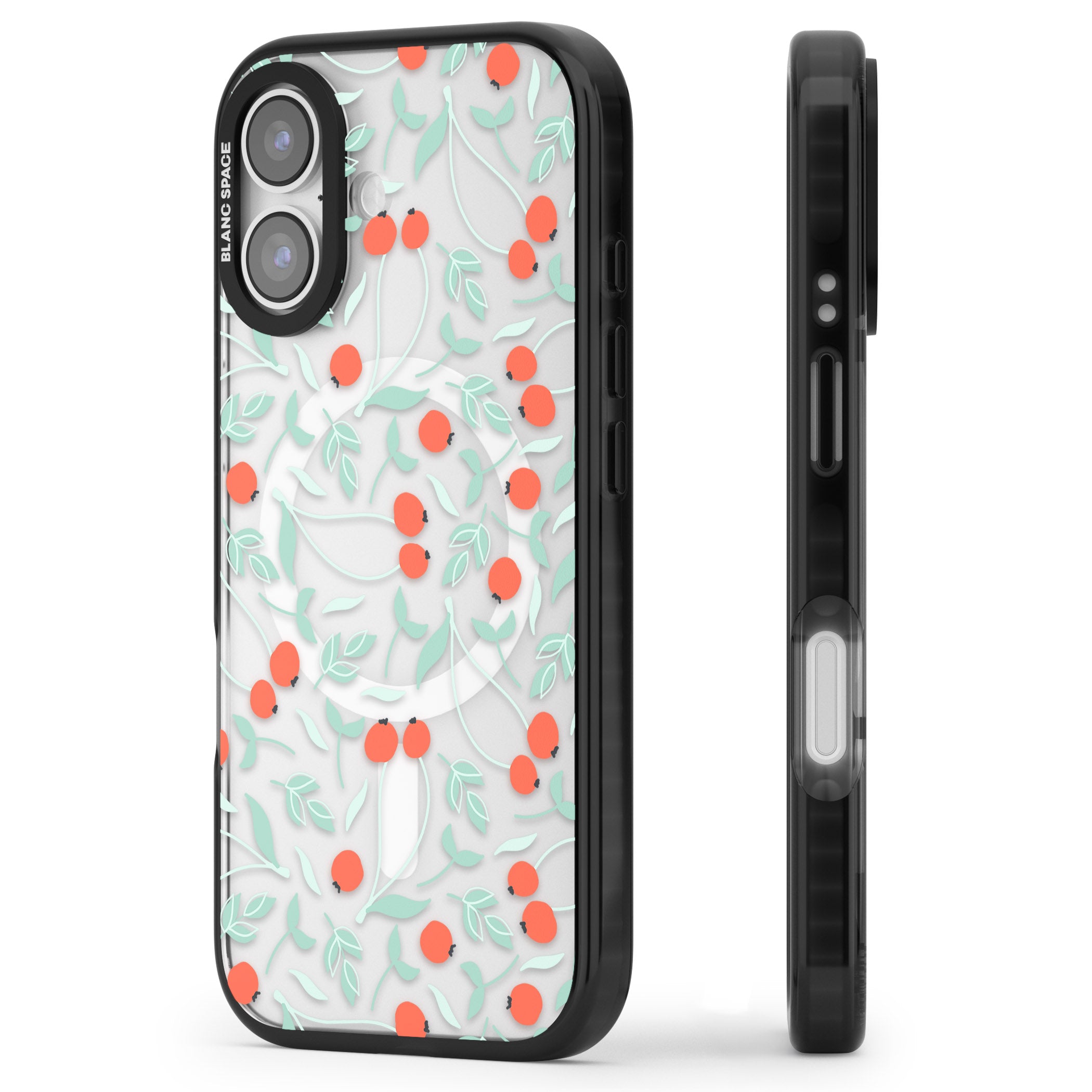 Red Berries Floral iPhone 17 Impact Pro Black Phone Case Side Profile