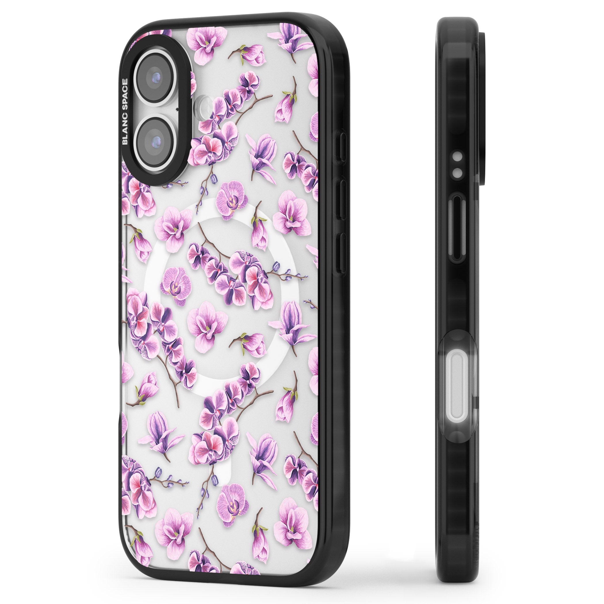 Purple Orchids Floral iPhone 17 Impact Pro Black Phone Case Side Profile