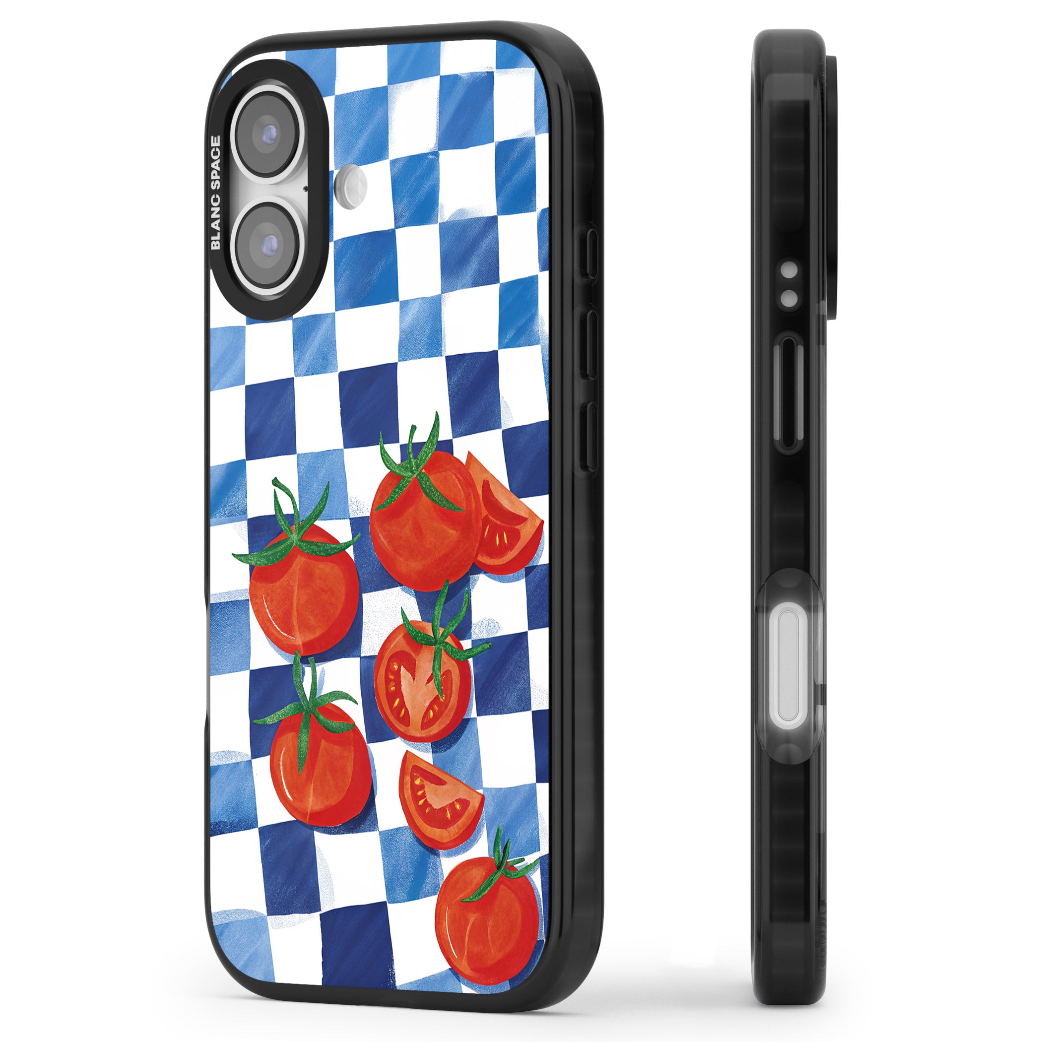 Blue Picnic Blanket & Tomatoes iPhone 17 Impact Pro Black Phone Case Side Profile