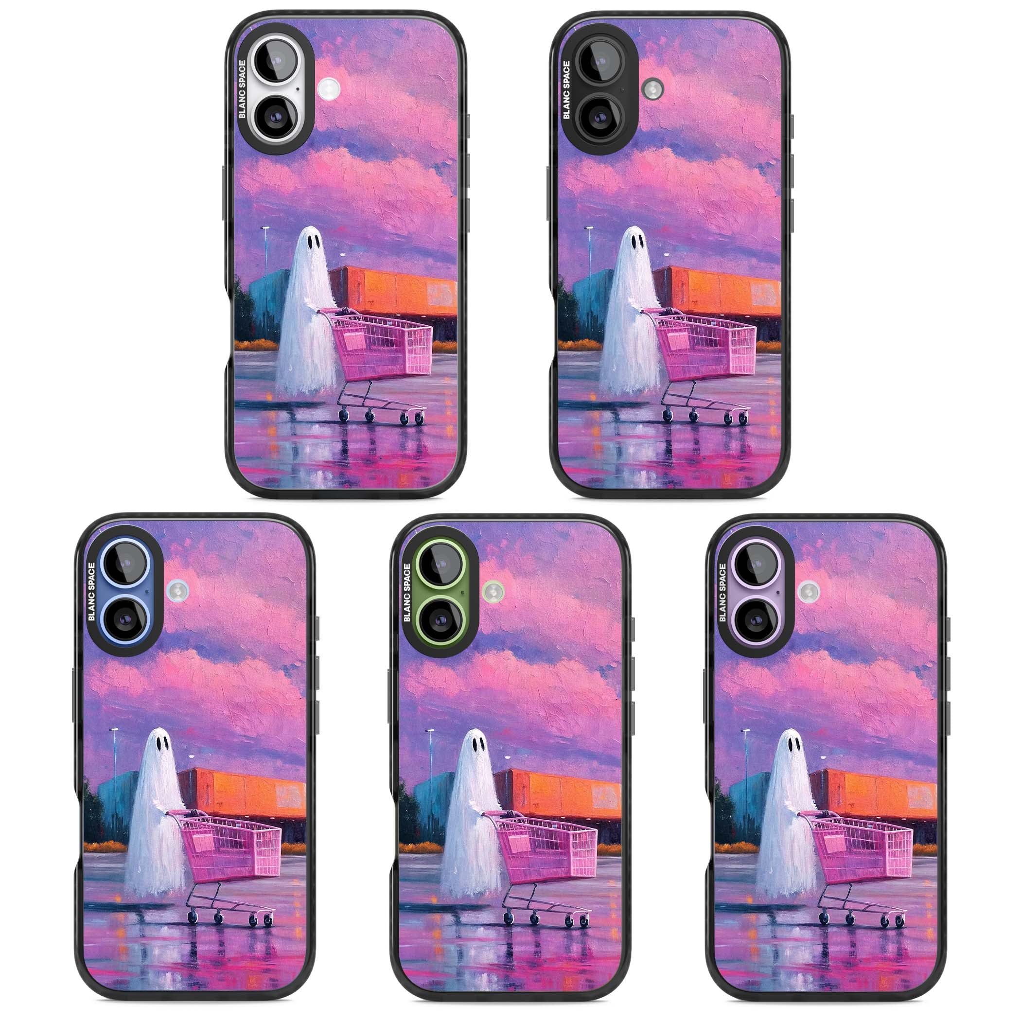 A Ghost's Errand ghost halloween iPhone case featuring a painted ghost, pink shopping trolley and purple sunset sky | Black Impact Magsafe case for iPhone 17