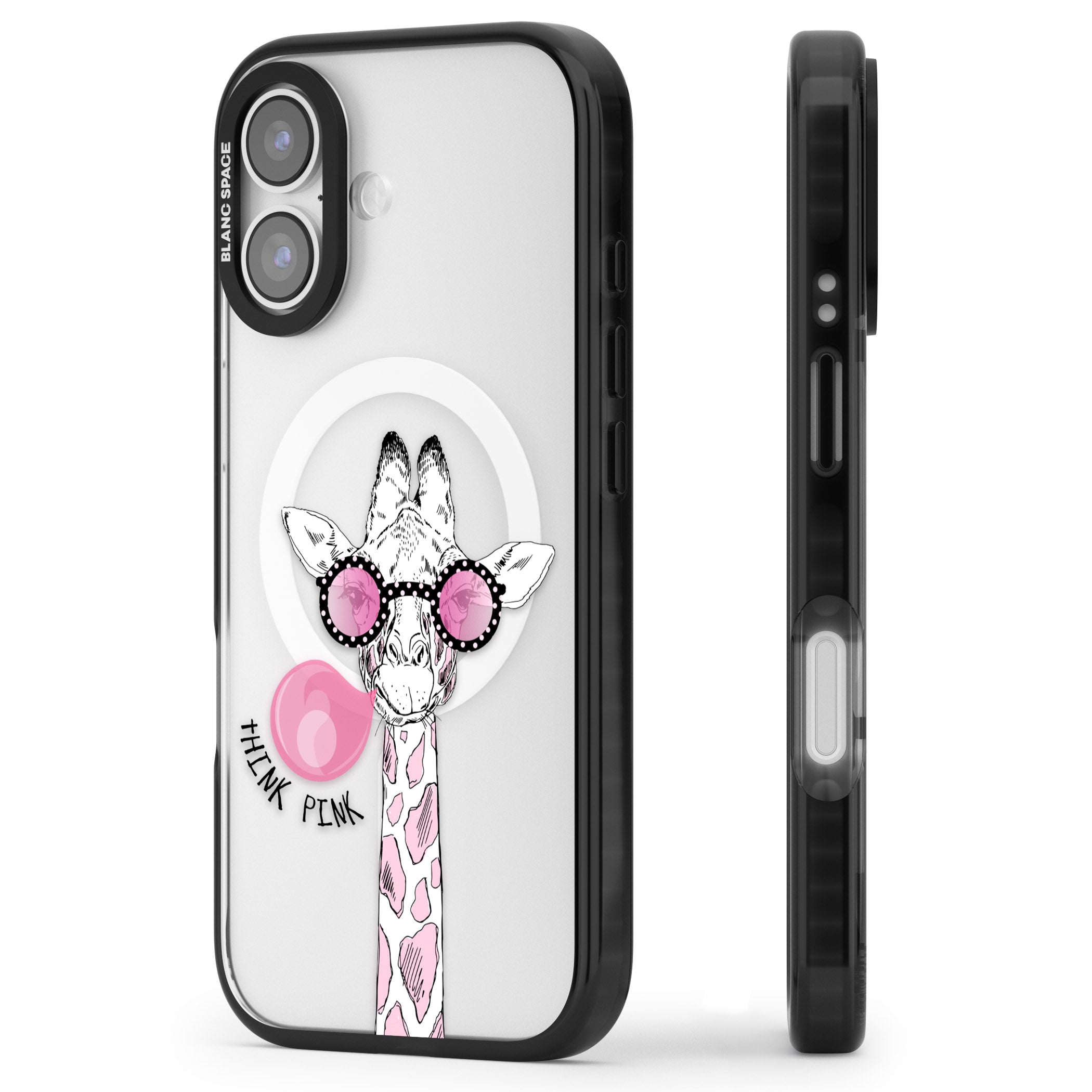 Think Pink Giraffe iPhone 17 Impact Pro Black Phone Case Side Profile