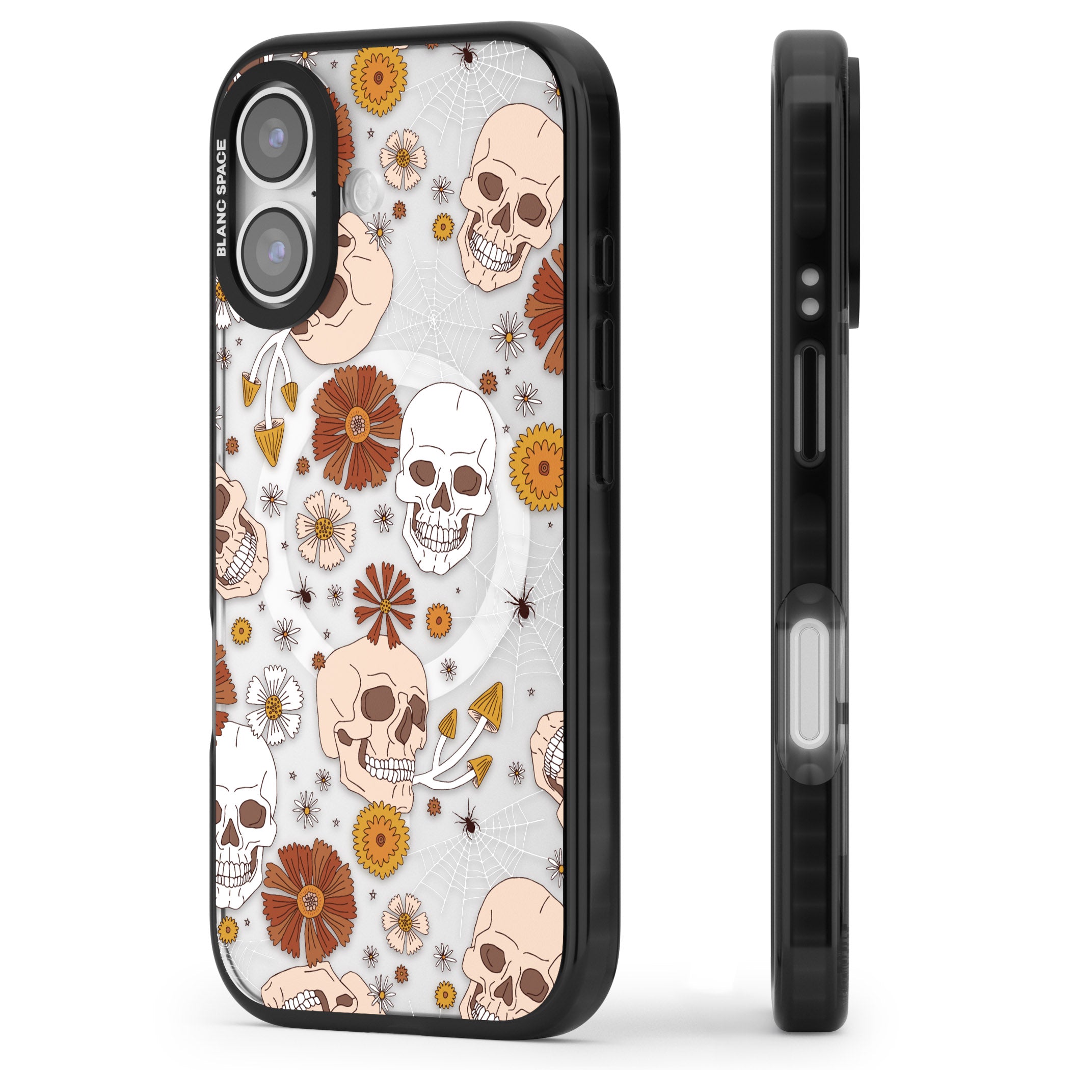 Halloween Skulls And Flowers iPhone 17 Impact Pro Black Phone Case Side Profile