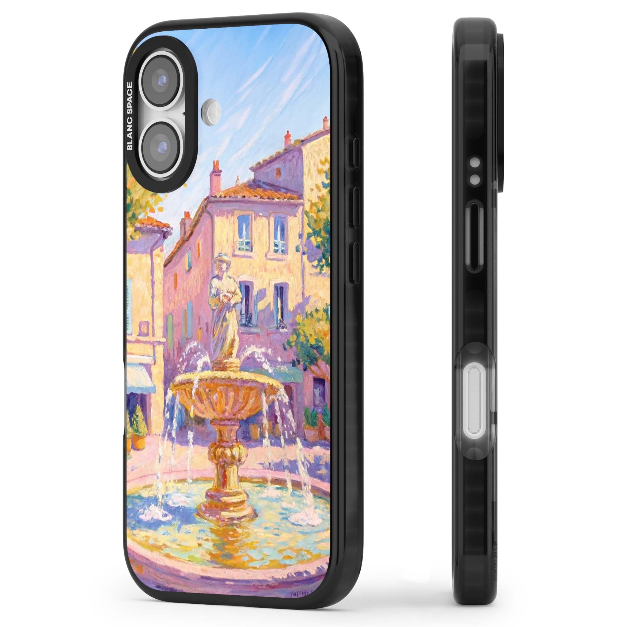 Fountain Square fine art iPhone case featuring an impressionist Provençal fountain, pastel village buildings and summe | Black Impact Magsafe case for iPhone 17