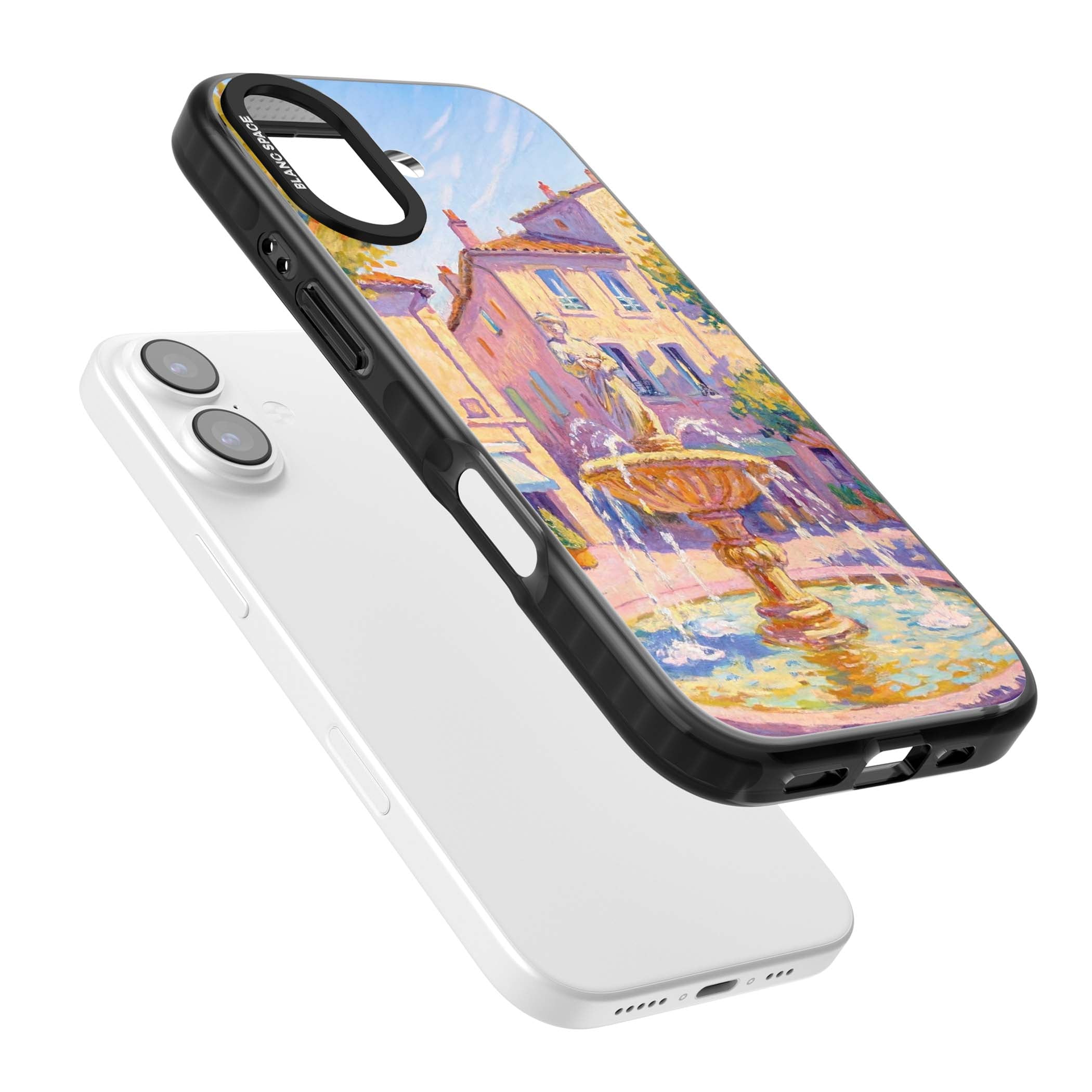 Fountain Square fine art iPhone case featuring an impressionist Provençal fountain, pastel village buildings and summe | Black Impact Magsafe case for iPhone 17