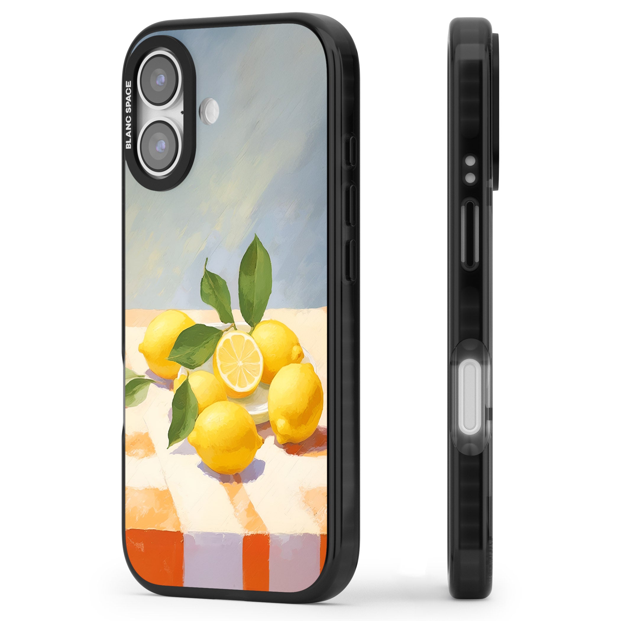 Lemons on Checkered Cloth iPhone 17 Impact Pro Black Phone Case Side Profile