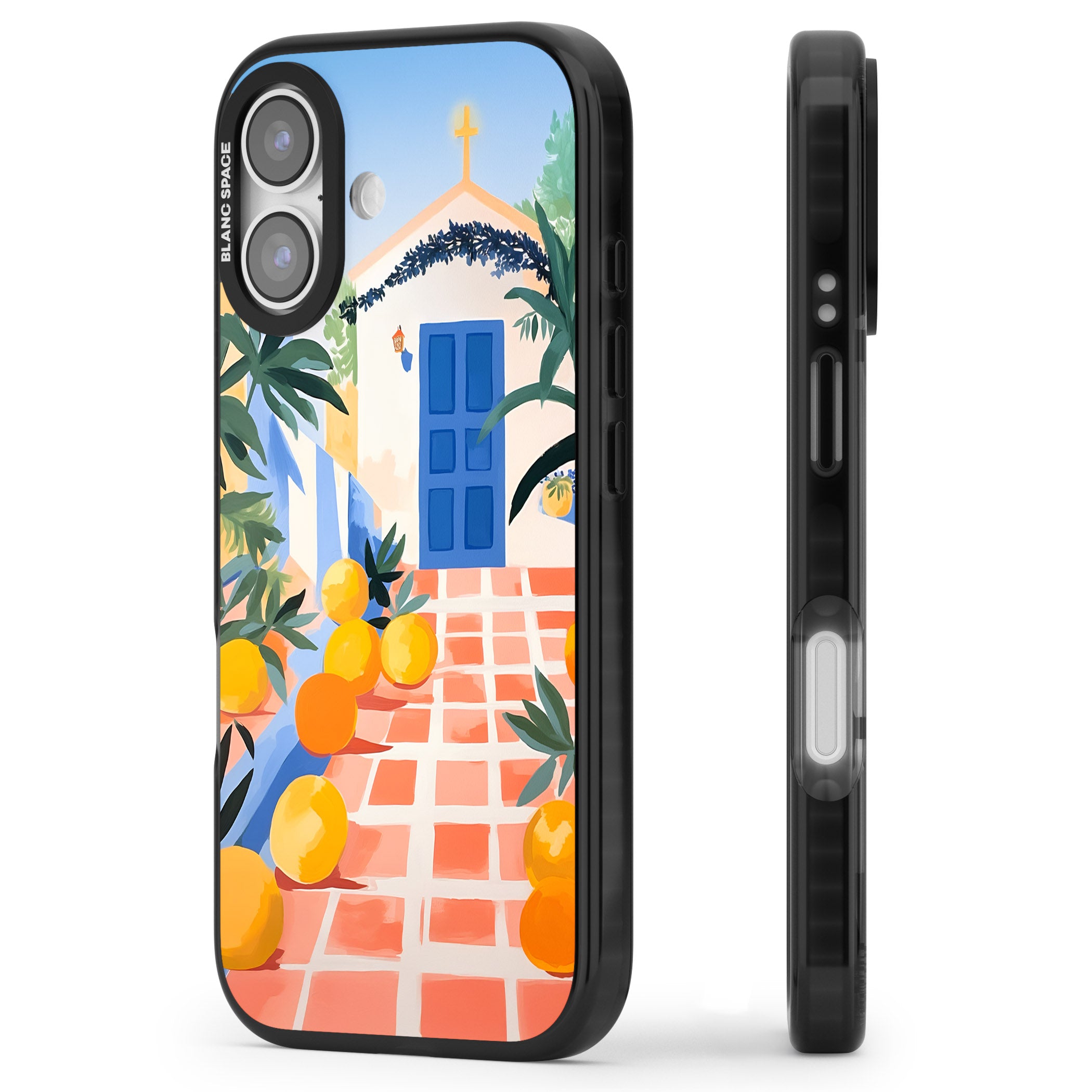 Greek Courtyard iPhone 17 Impact Pro Black Phone Case Side Profile