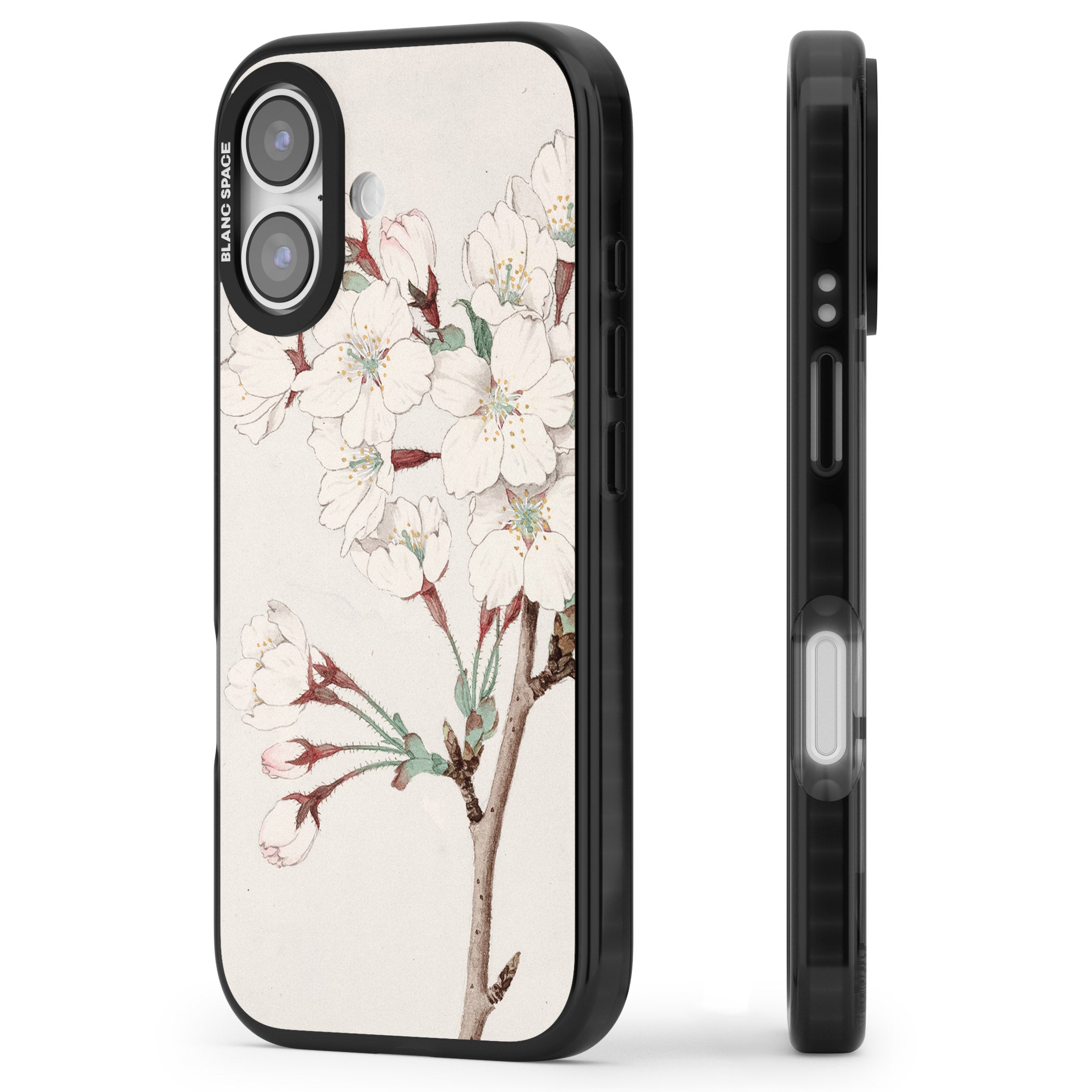 Vintage Japanese Illustrations Cherry Blossoms iPhone 17 Impact Pro Black Phone Case Side Profile