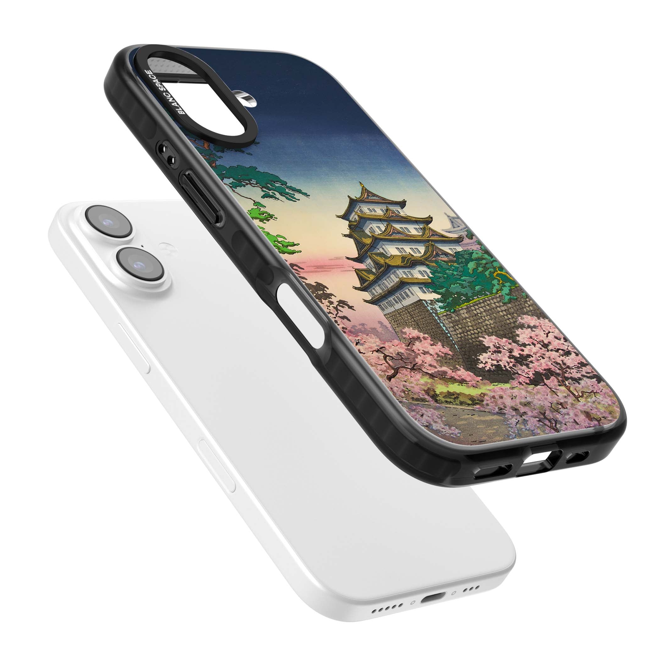Nagoya Castle Japanese iPhone case featuring a vintage pagoda, twilight sky and cherry blossom trees | Black Impact Magsafe case for iPhone 17