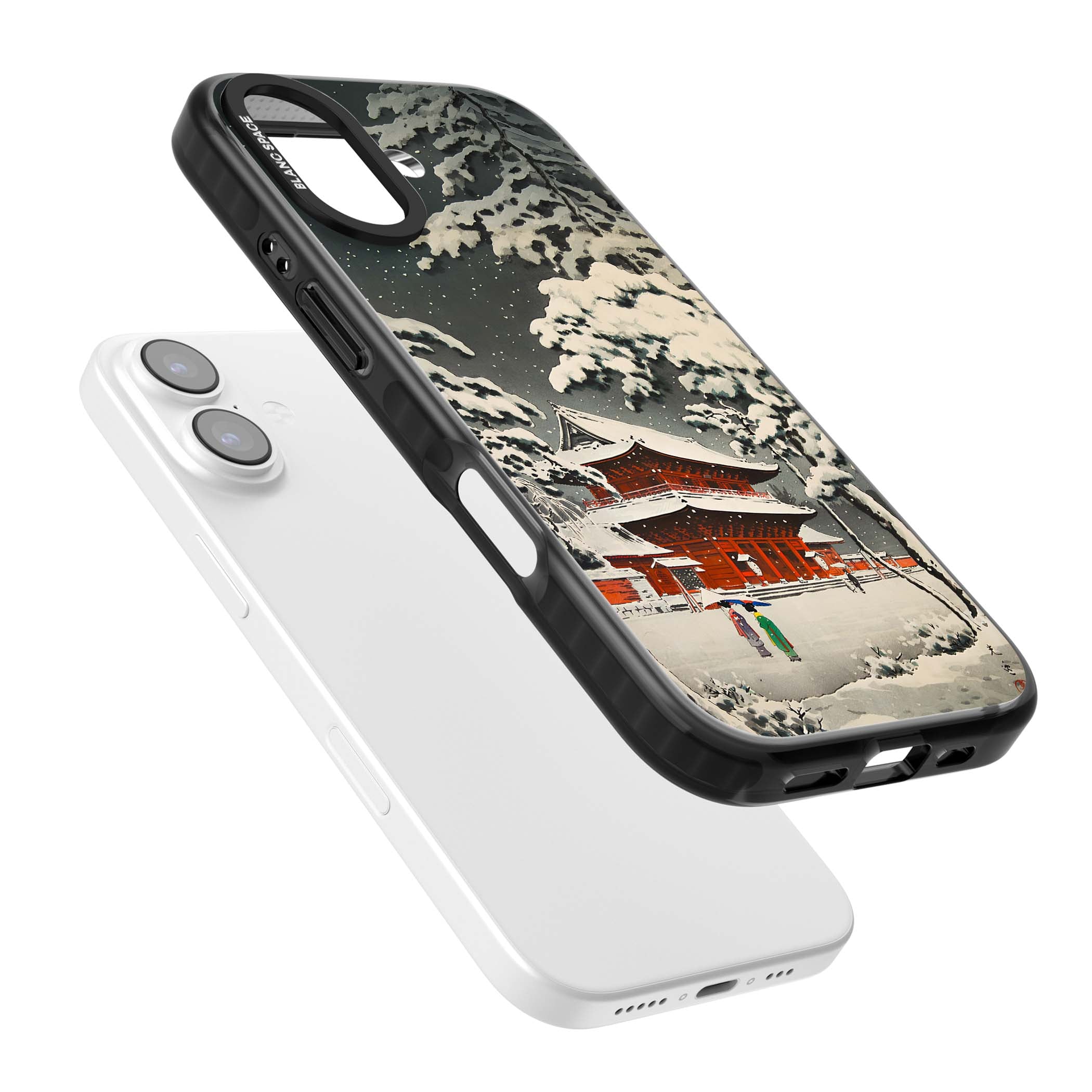 Snow at Shiha Park, Tokyo Japanese art iPhone case featuring a vintage ukiyo-e snowy temple, red pagoda, and snow-covered pin | Black Impact Magsafe case for iPhone 17