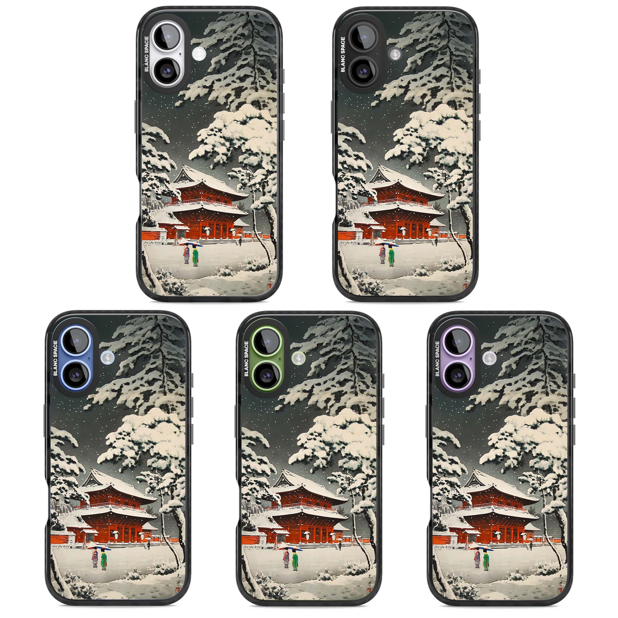 Snow at Shiha Park, Tokyo Japanese art iPhone case featuring a vintage ukiyo-e snowy temple, red pagoda, and snow-covered pin | Black Impact Magsafe case for iPhone 17