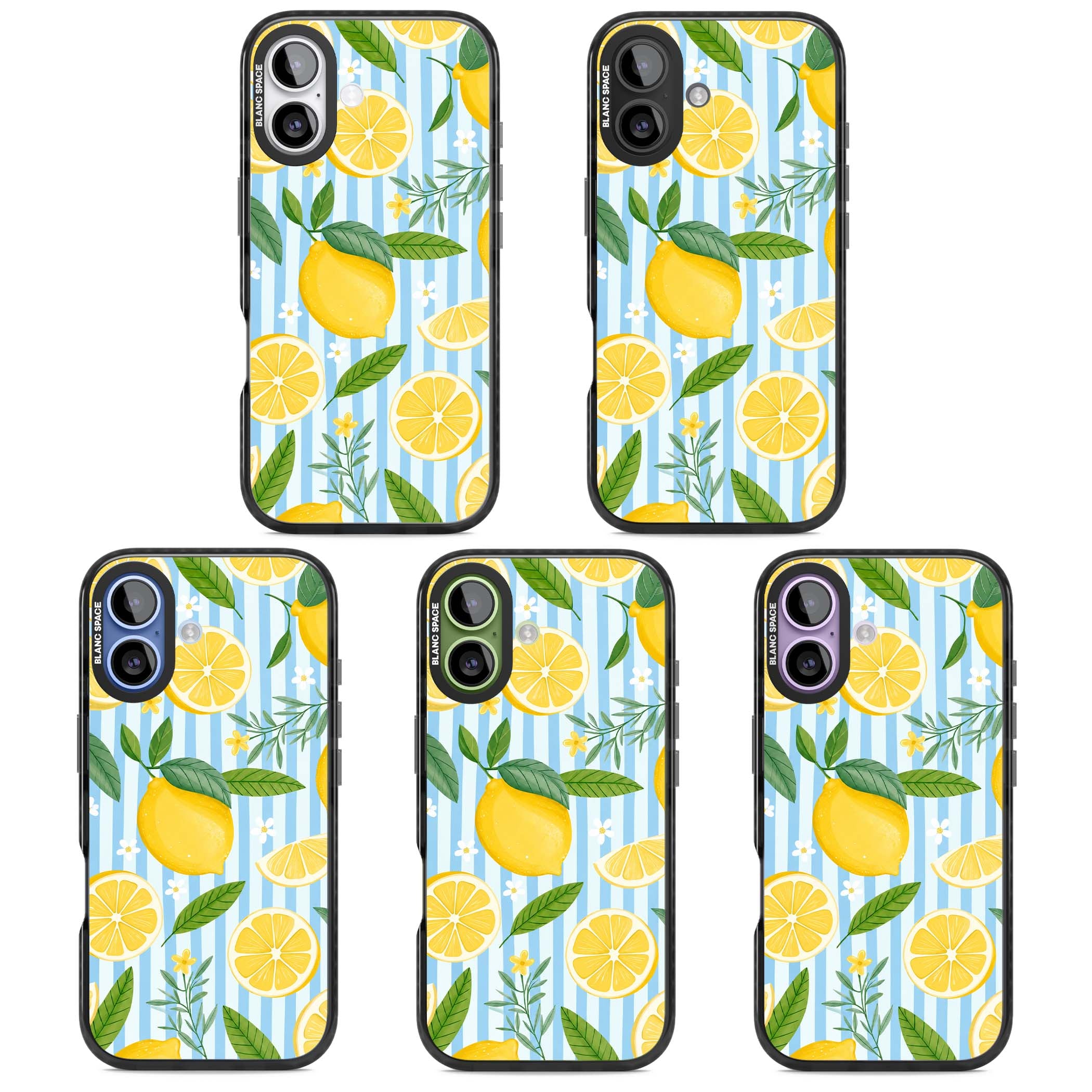Capri Citrus Stripe coastal iPhone case featuring yellow lemons, blue stripes, and white daisy blossoms | Black Impact Magsafe case for iPhone 17