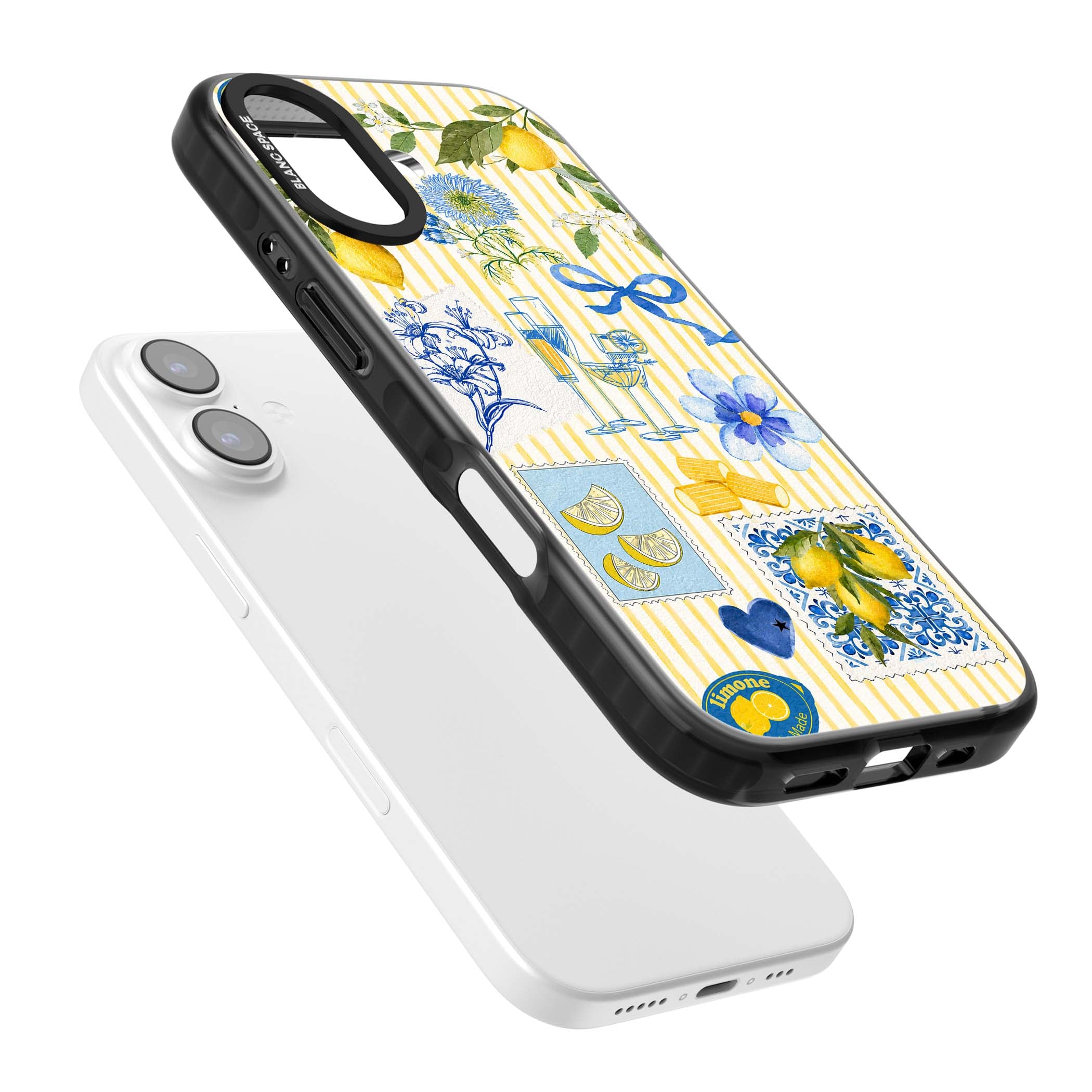 Limone Riviera Italian summer iPhone case featuring watercolour lemons, blue ribbon bows and majolica tile stamps on... | Black Impact Magsafe case for iPhone 17