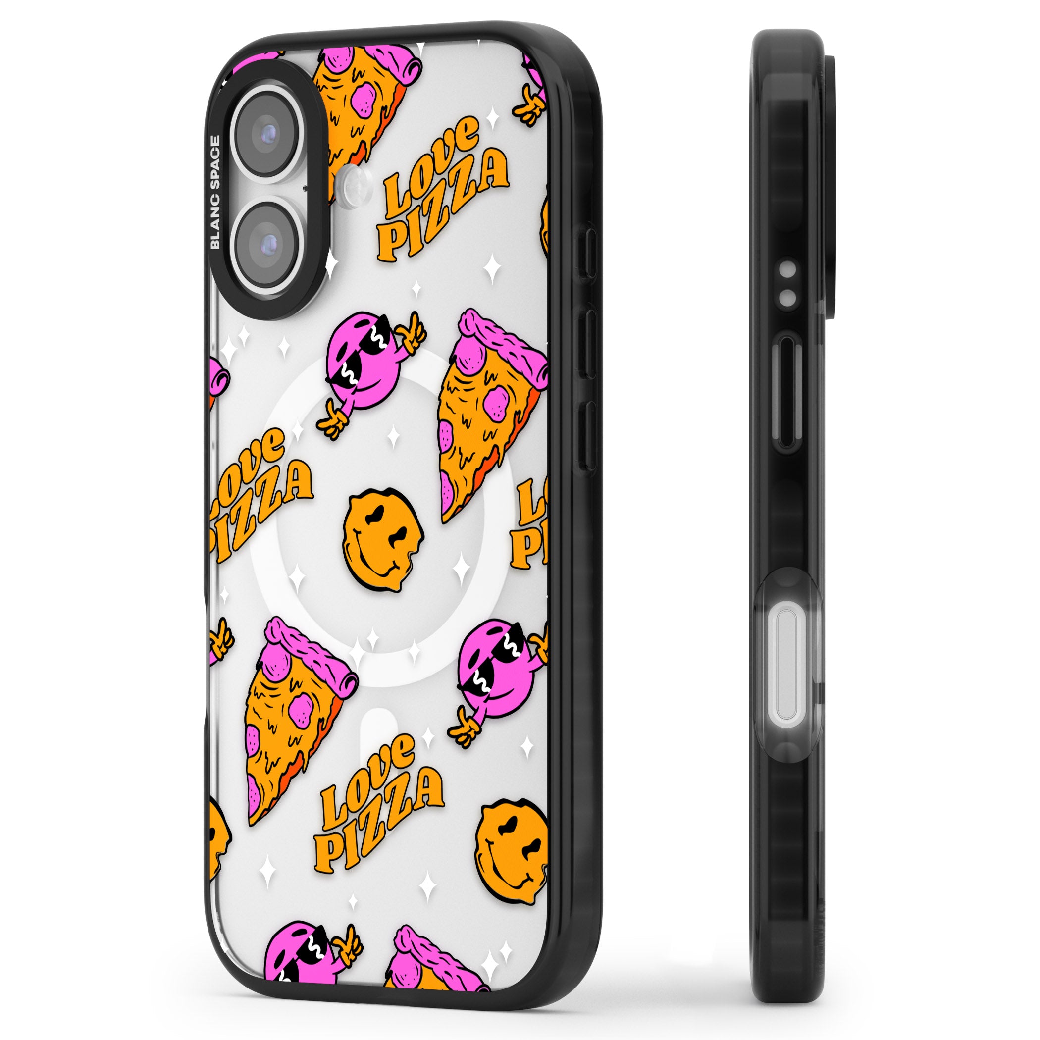 Psychedelic Love Pizza Pattern (Clear) iPhone 17 Impact Pro Black Phone Case Side Profile