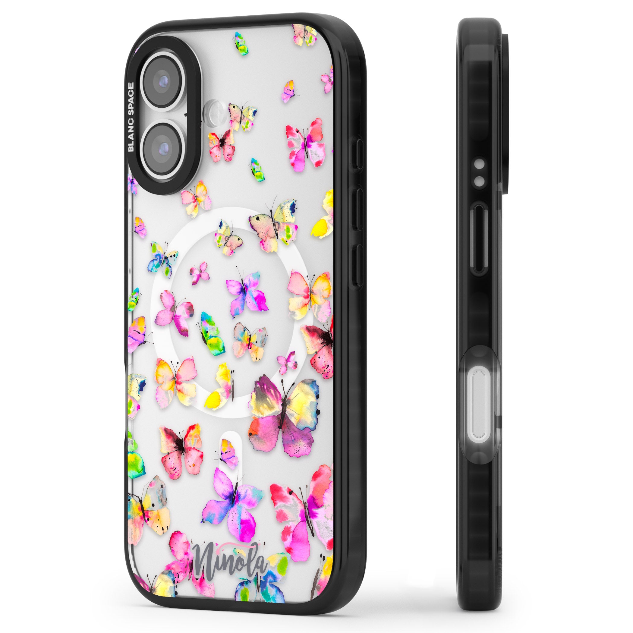 Watercolor Butterflies iPhone 17 Impact Pro Black Phone Case Side Profile