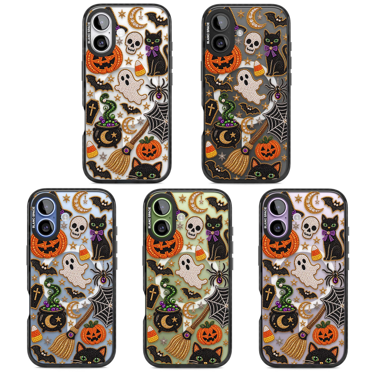 Beaded Halloween Halloween iPhone case featuring beaded pumpkins, ghosts, black cats and bats | Black Impact Magsafe case for iPhone 17