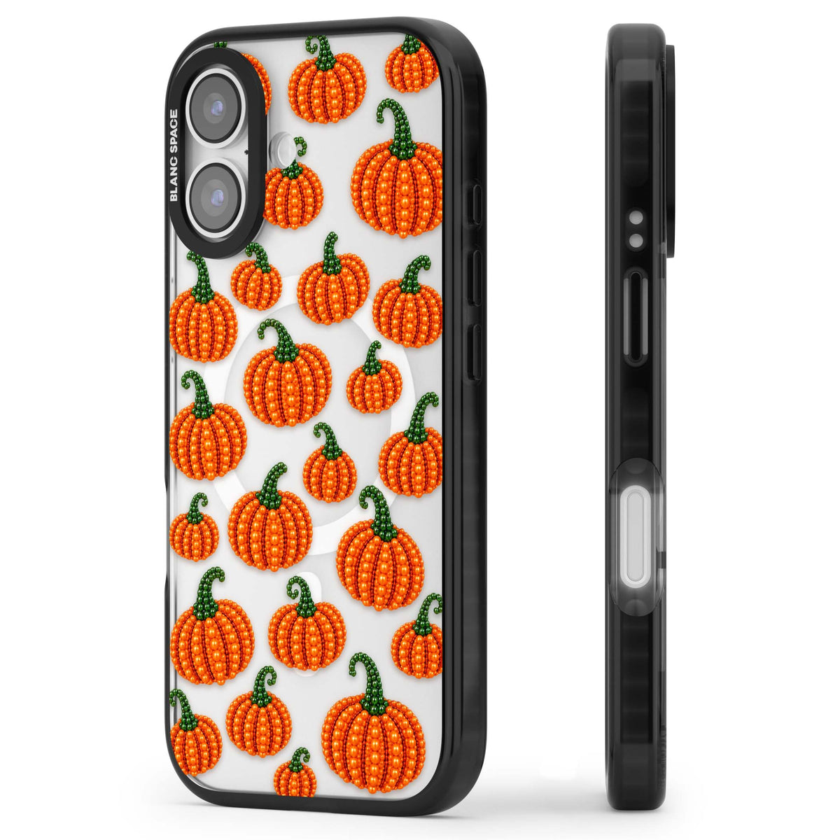 Beaded Pumpkins halloween iPhone case featuring beaded orange pumpkins with green stems on a clear background | Black Impact Magsafe case for iPhone 17