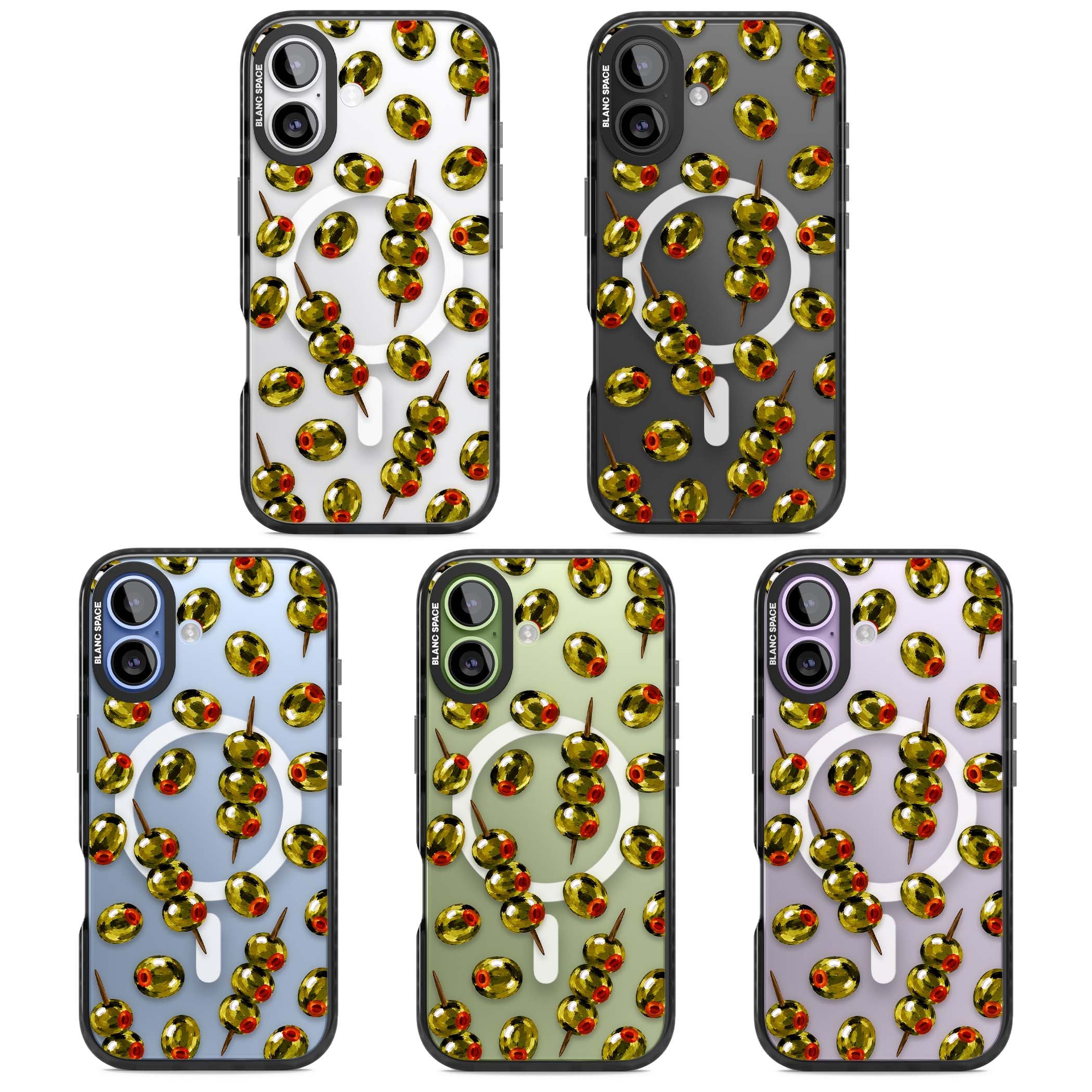 Painted Olives cocktail iPhone case featuring green olives, pimento centres and toothpick skewers on a clear background | Black Impact Magsafe case for iPhone 17