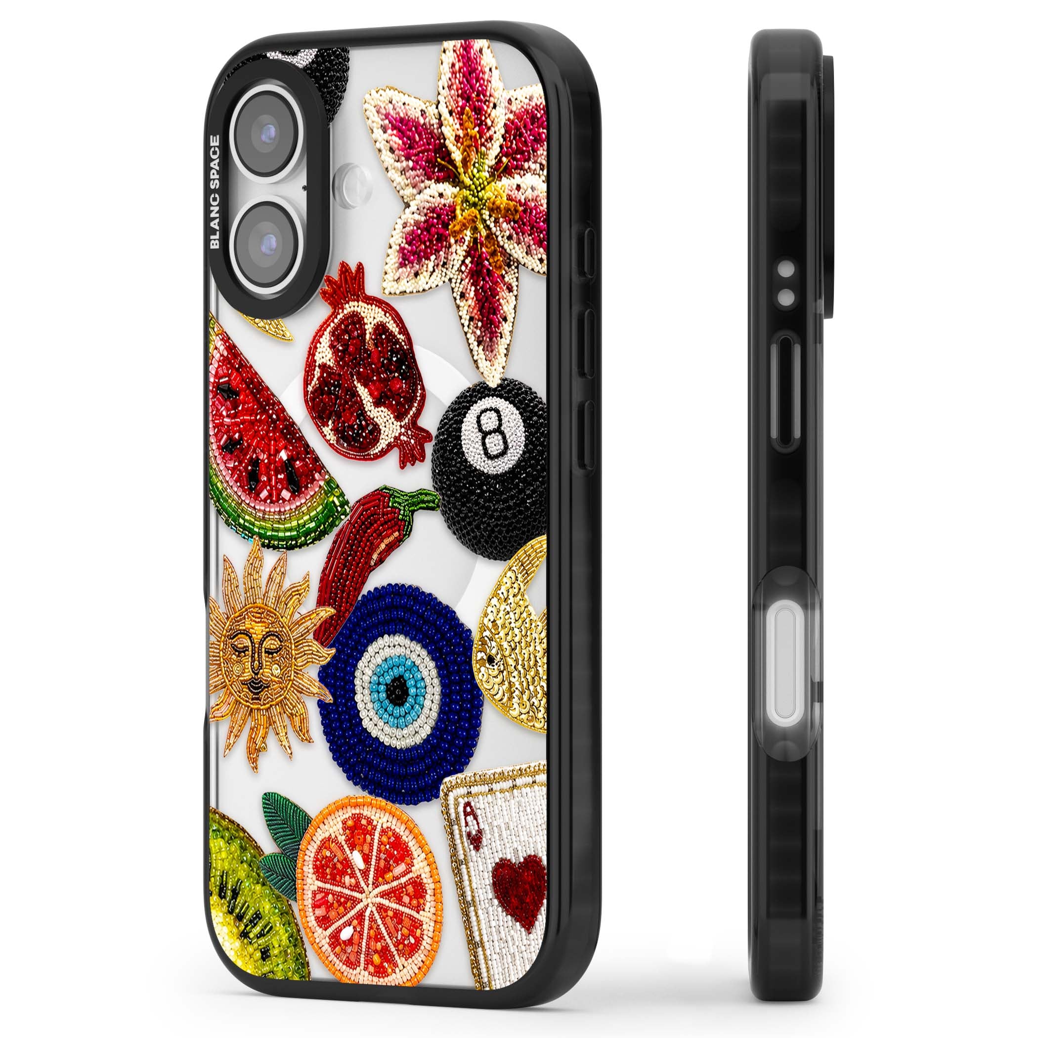 Beaded Charms embroidery iPhone case featuring beaded evil eye, fruit patches and a golden sun motif | Black Impact Magsafe case for iPhone 17