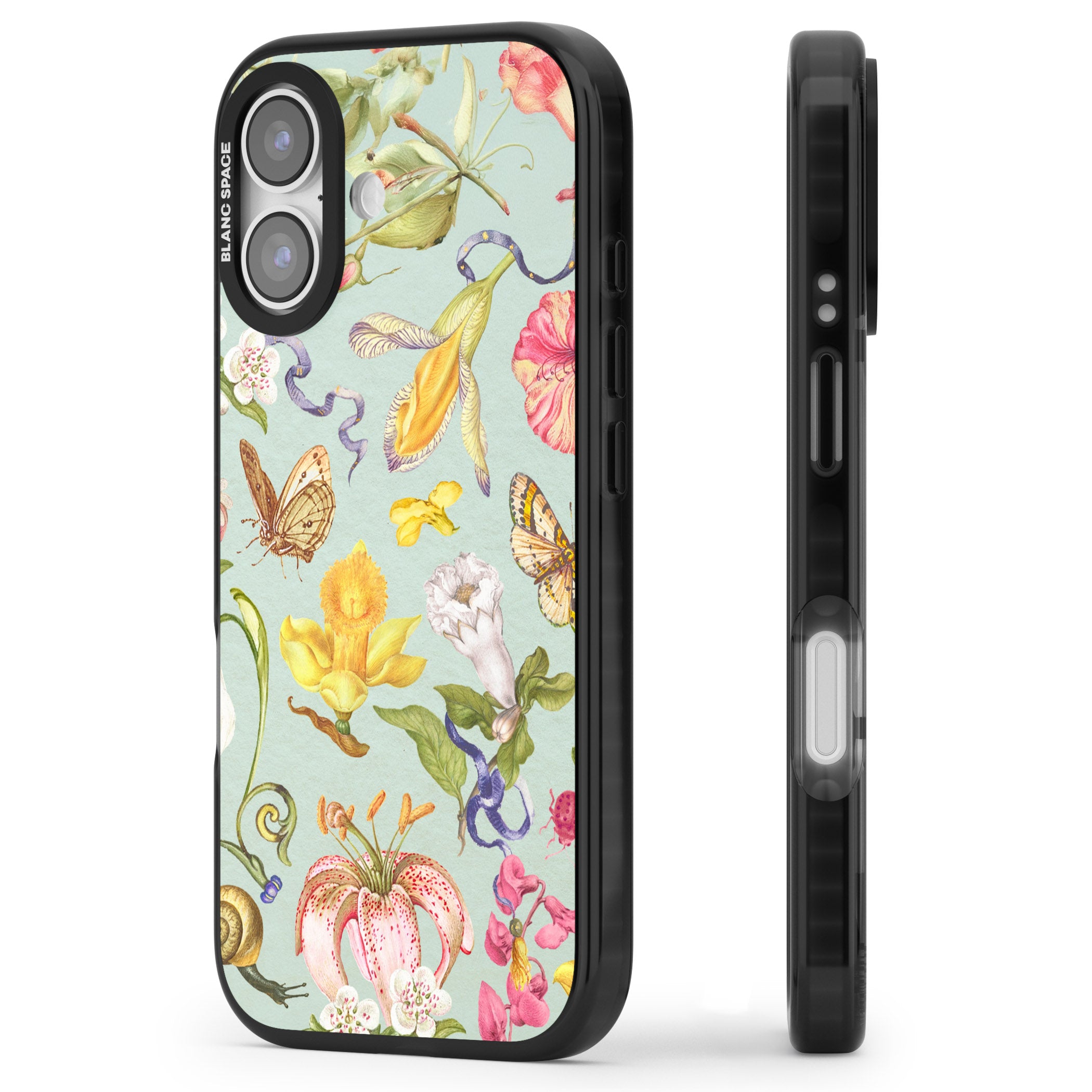 Blue Vintage Painted Flowers iPhone 17 Impact Pro Black Phone Case Side Profile