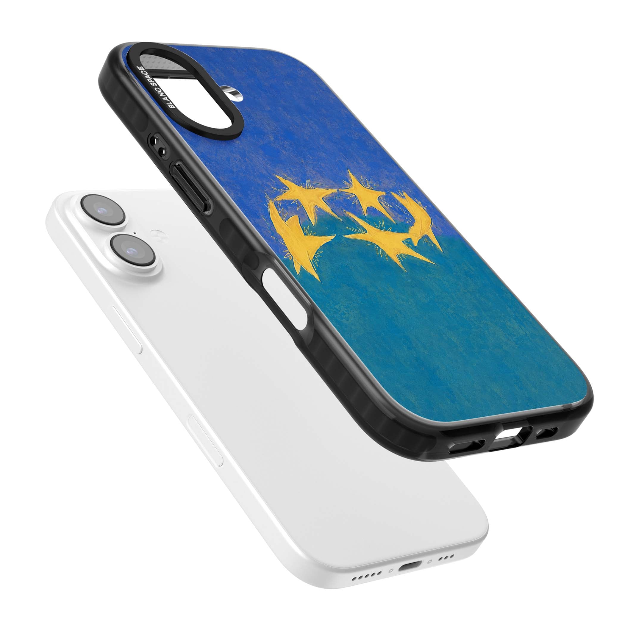 Star Boogie stars aesthetic iPhone case featuring five yellow hand-painted stars on cobalt blue and teal | Black Impact Magsafe case for iPhone 17