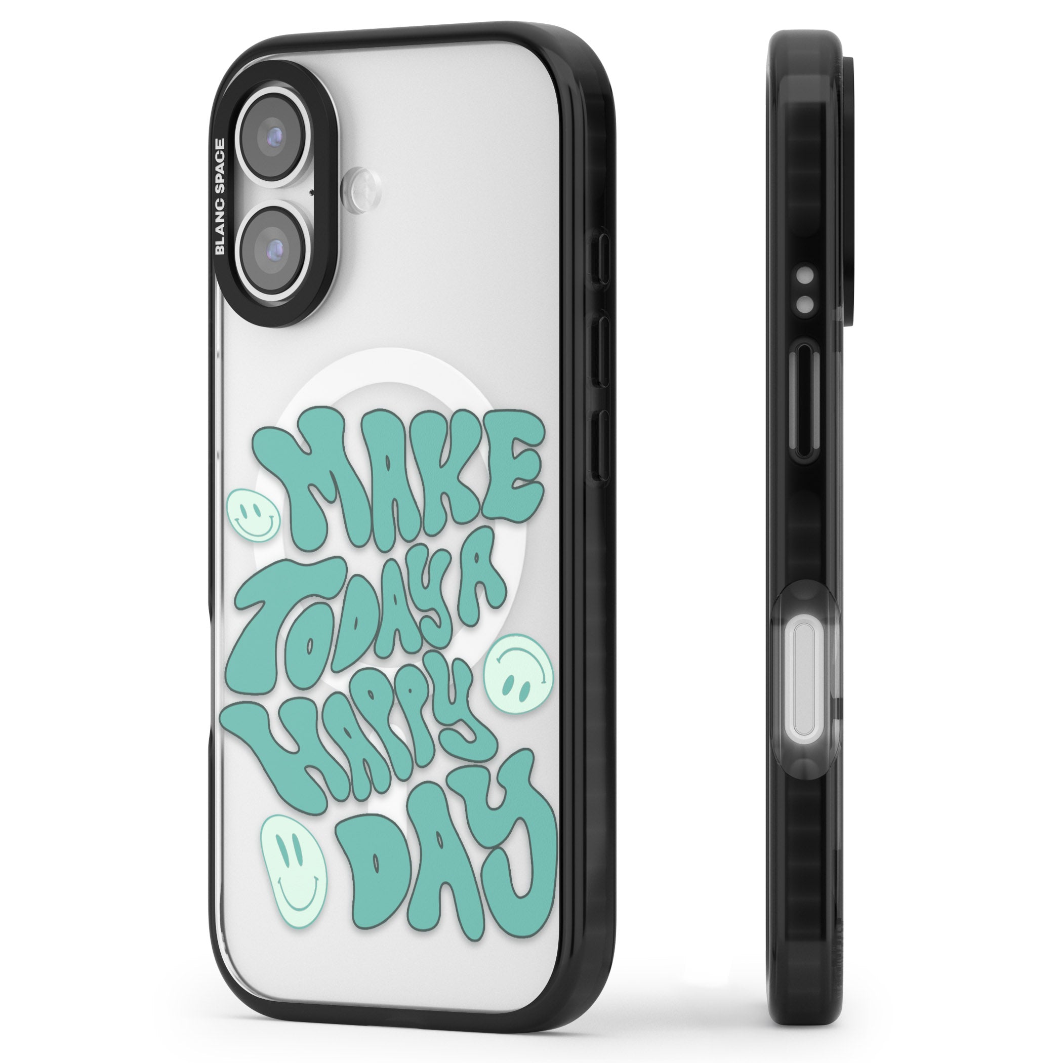 Make Today A Happy Day iPhone 17 Impact Pro Black Phone Case Side Profile