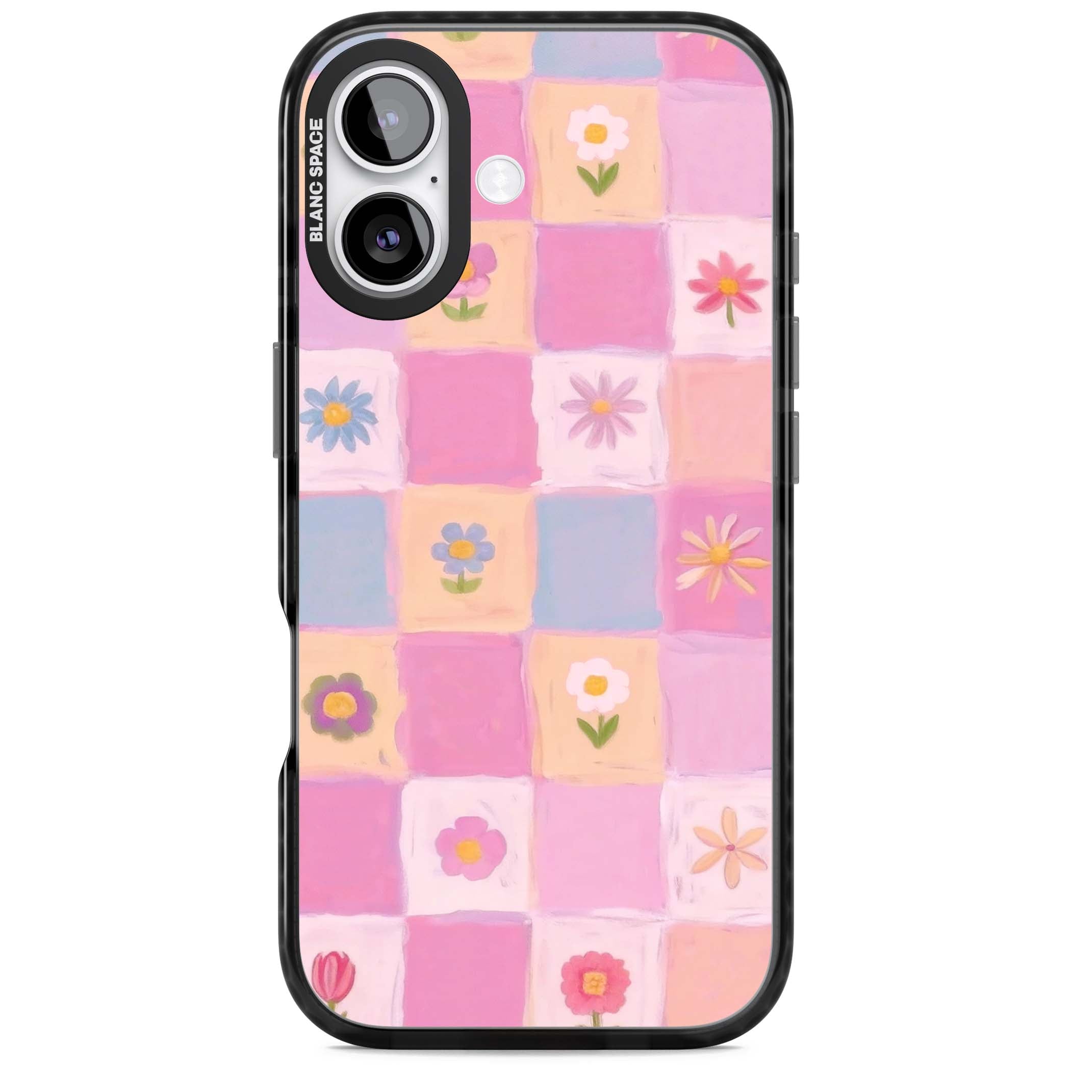 Pastel Flower Patchwork cottagecore iPhone case featuring painted pink and lilac squares with daisies and wildflowers | Black Impact Magsafe case for iPhone 17