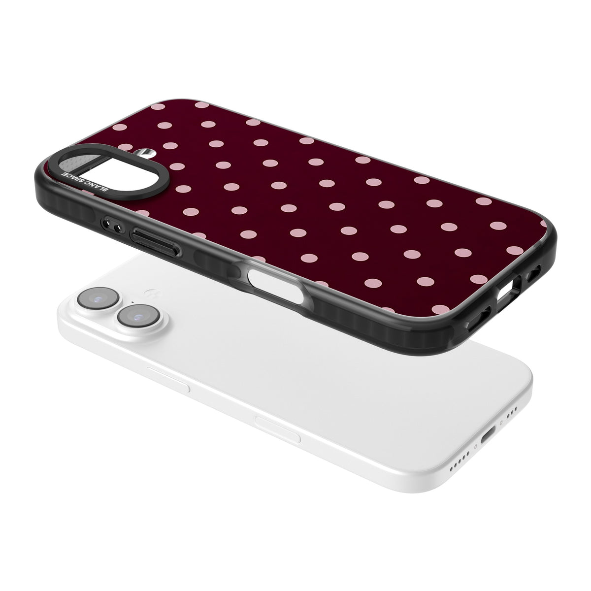 Merlot Dots polka dot iPhone case featuring dusty pink spots on a deep burgundy background in a retro grid iPhone 16 / iPhone 16 Plus / iPhone 17 Impact Pro Black Phone Case angled