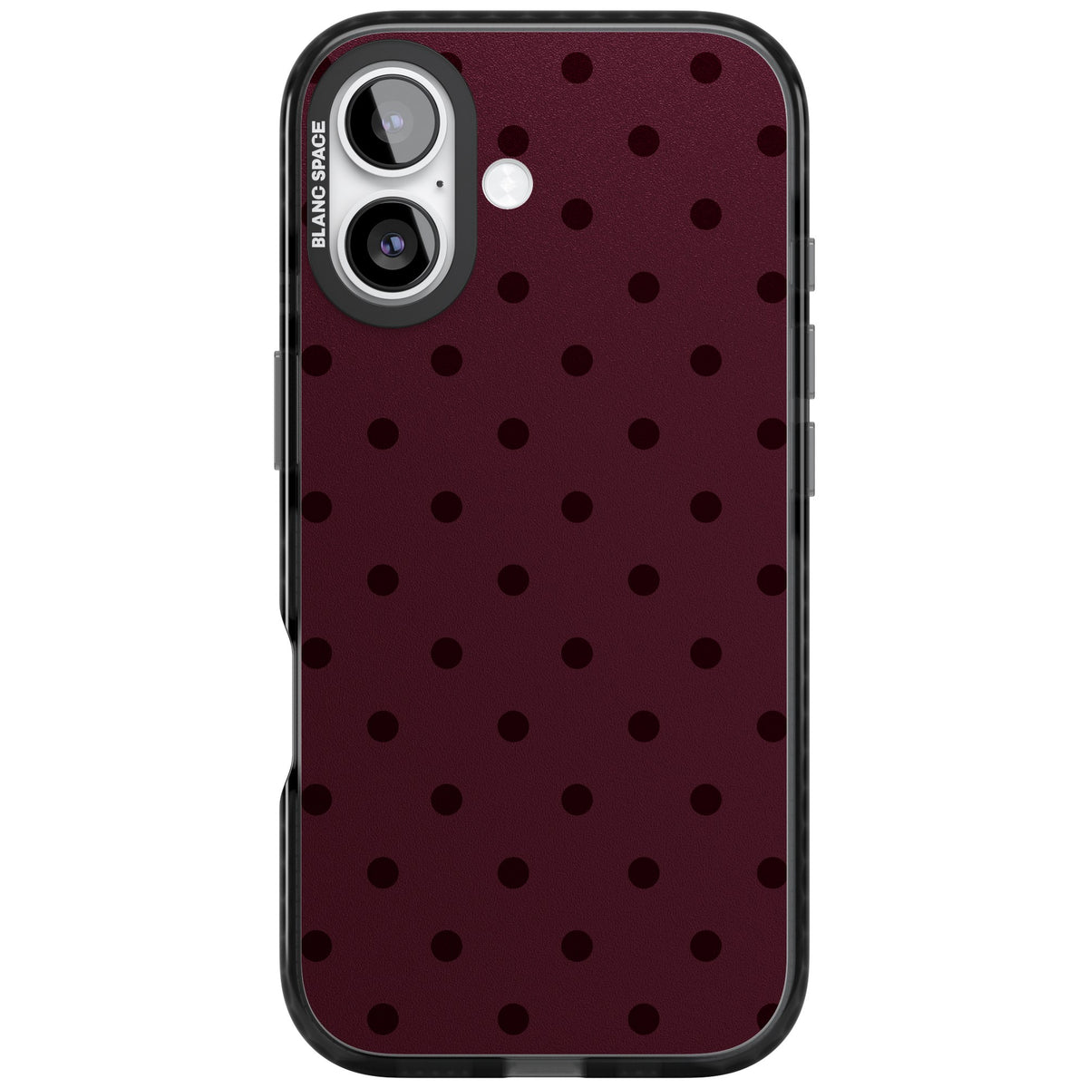 Burgundy Polka Dot minimalist iPhone case featuring black polka dots on a deep burgundy wine red background iPhone 16 / iPhone 16 Plus / iPhone 17 Impact Pro Black Phone Case front