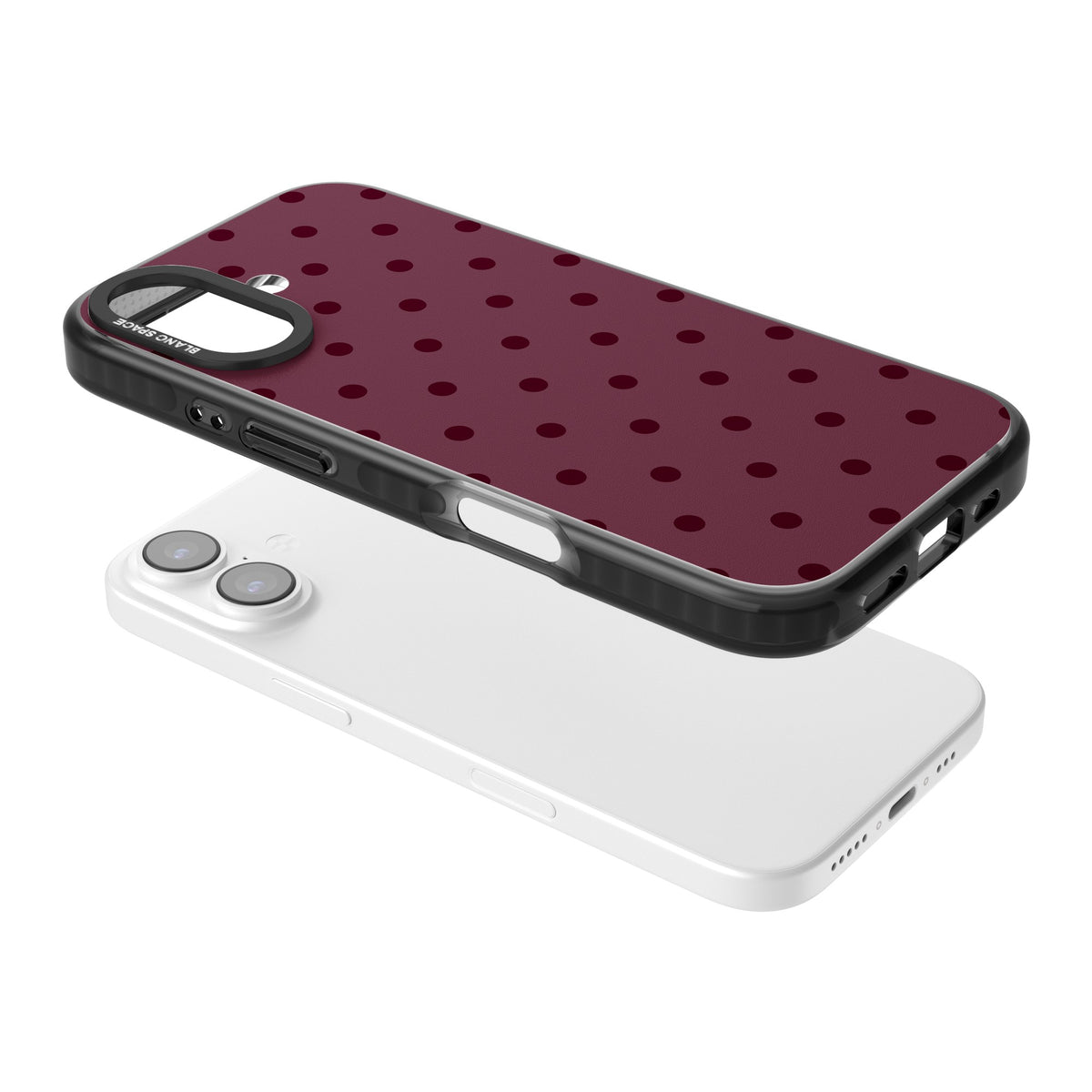 Burgundy Polka Dot minimalist iPhone case featuring black polka dots on a deep burgundy wine red background iPhone 16 / iPhone 16 Plus / iPhone 17 Impact Pro Black Phone Case angled