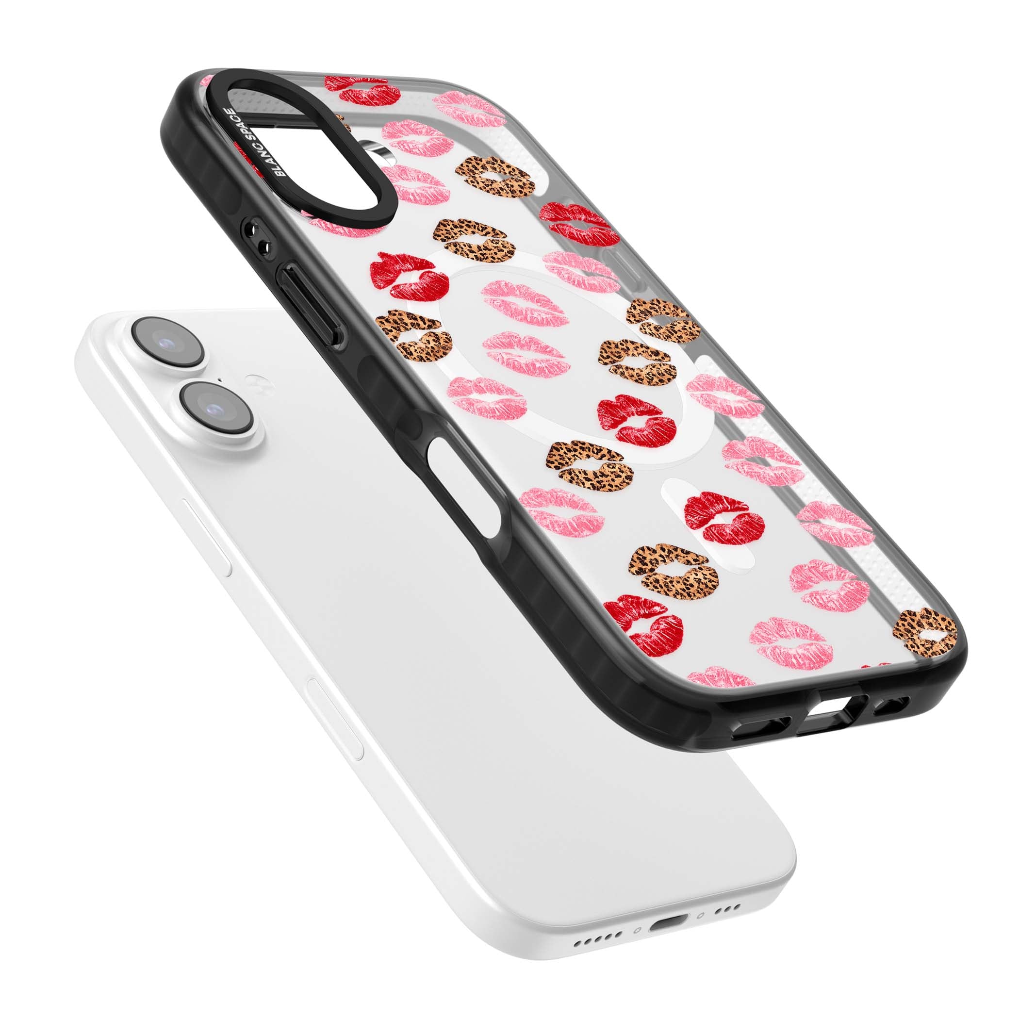 Wild Kisses coquette iPhone case featuring red, pink and leopard print lipstick kiss marks on a clear background | Black Impact Magsafe case for iPhone 17