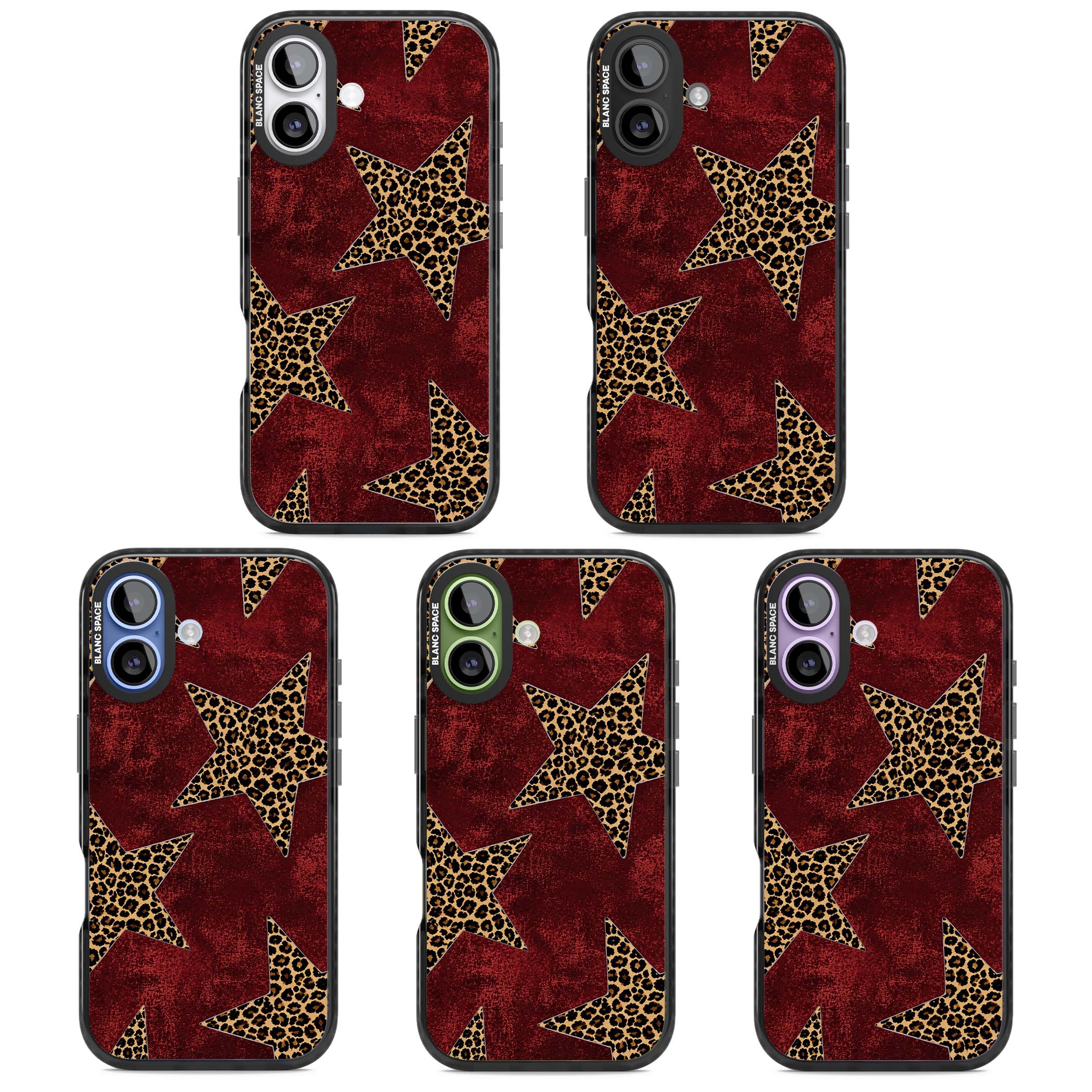 Showgirl leopard print iPhone case featuring cheetah print stars on distressed red grunge background | Black Impact Magsafe case for iPhone 17