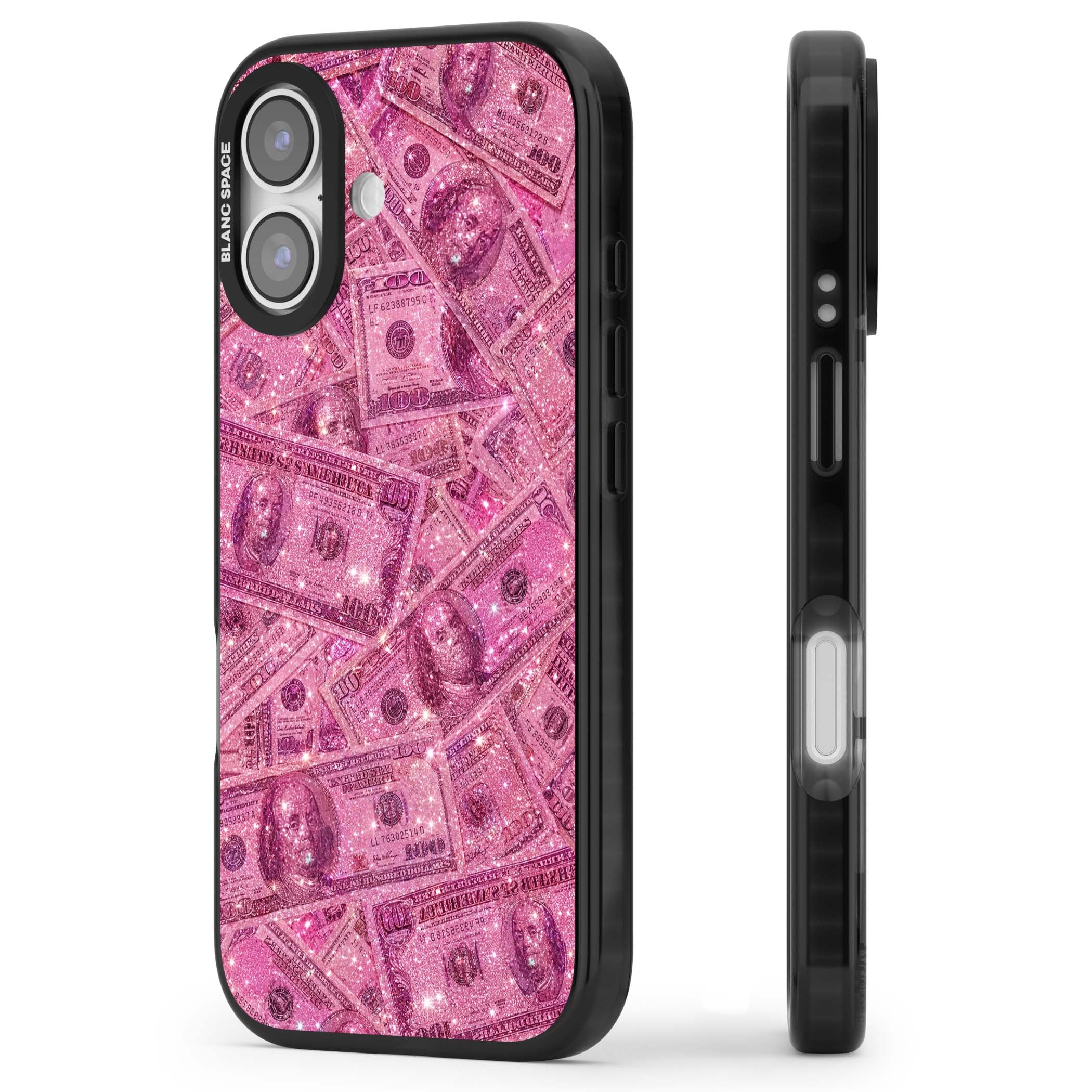 Glamorous baddie iPhone case featuring pink glitter hundred dollar bills and sparkling money wallpaper design | Black Impact Magsafe case for iPhone 17