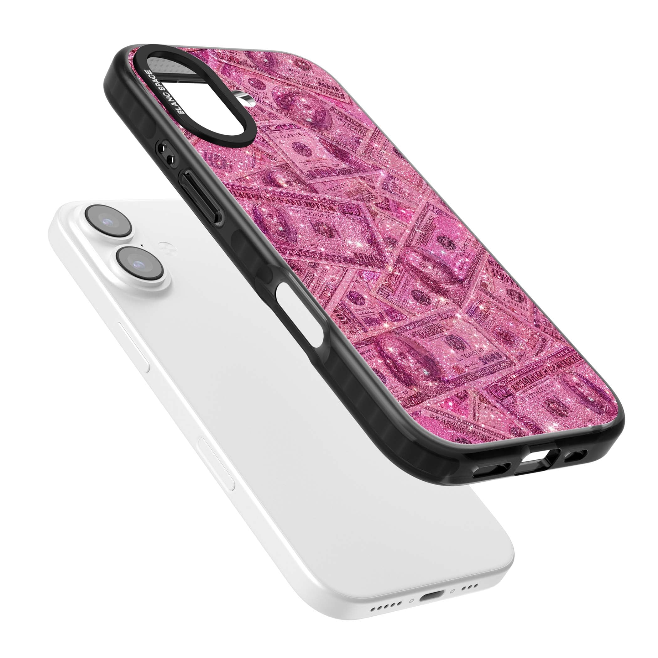 Glamorous baddie iPhone case featuring pink glitter hundred dollar bills and sparkling money wallpaper design | Black Impact Magsafe case for iPhone 17