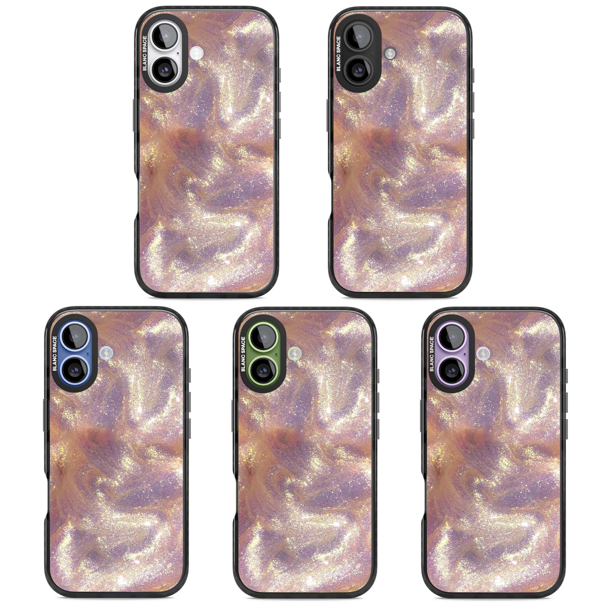 Shimmer marble iPhone case featuring rose gold glitter swirls, lilac shimmer and iridescent pearl finish | Black Impact Magsafe case for iPhone 17