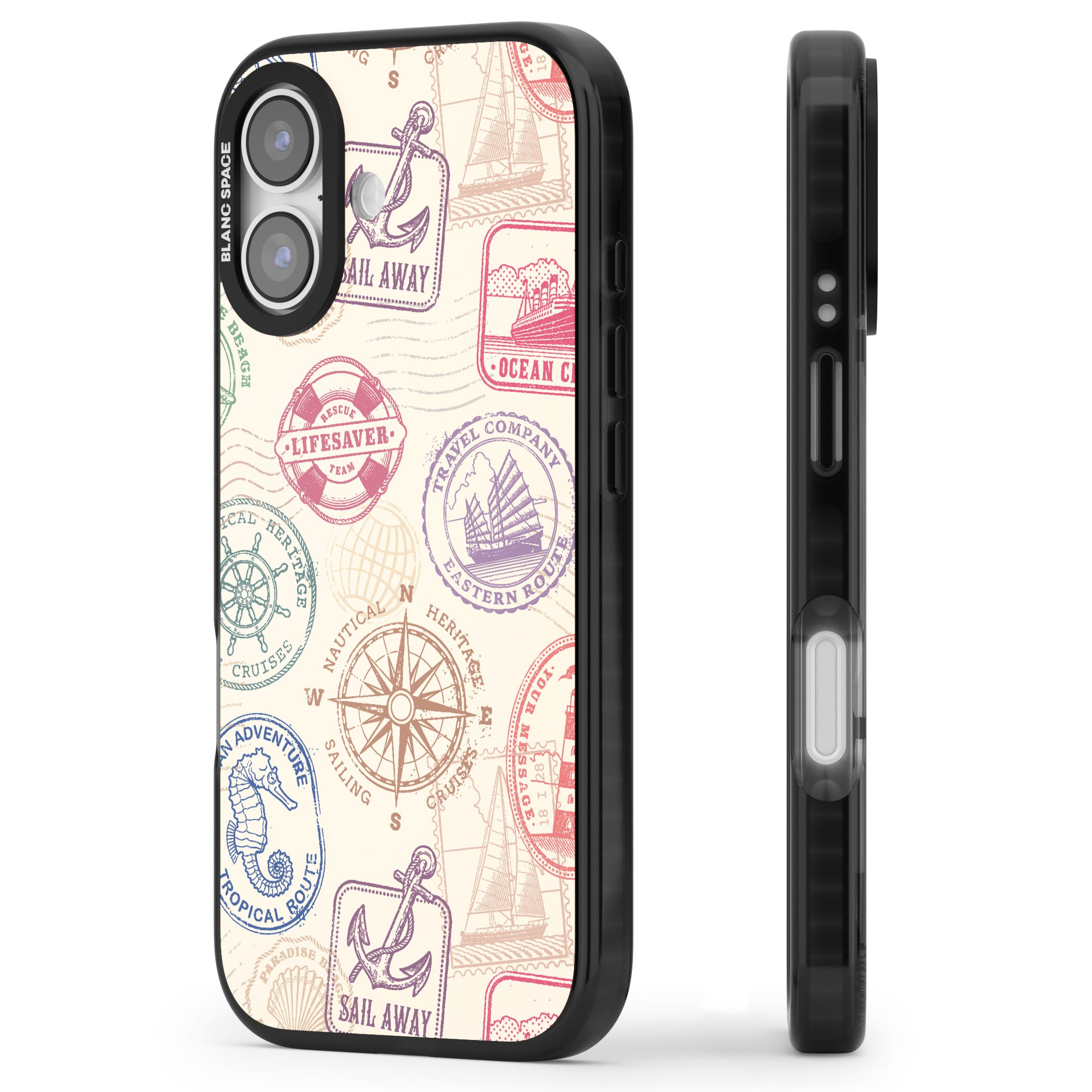 Nautical Stamps iPhone 17 Impact Pro Black Phone Case Side Profile